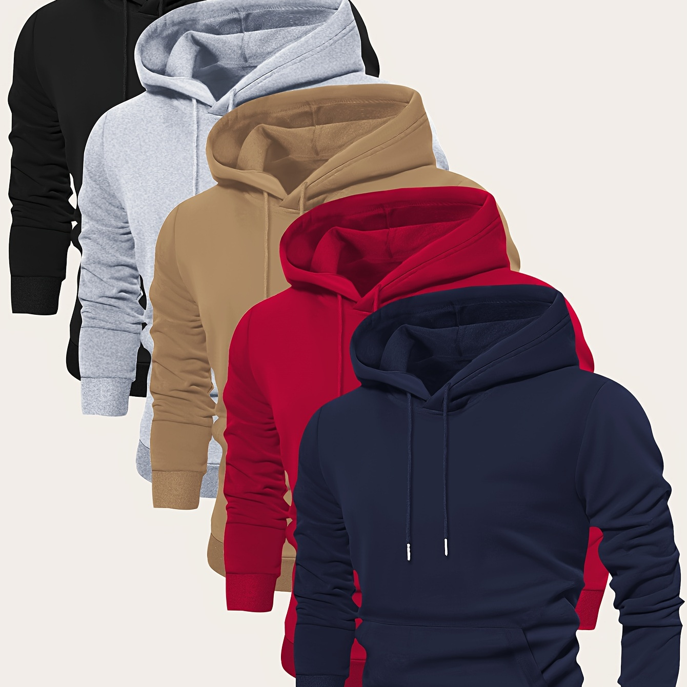 

5pcs Ensemble de Sweatshirts à Capuche Manches Longues Couleur Unie avec Poche Kangourou pour Hommes, Sweats à Capuche Sport Décontractés pour Printemps et Automne Jogging et Loisirs en Plein Air