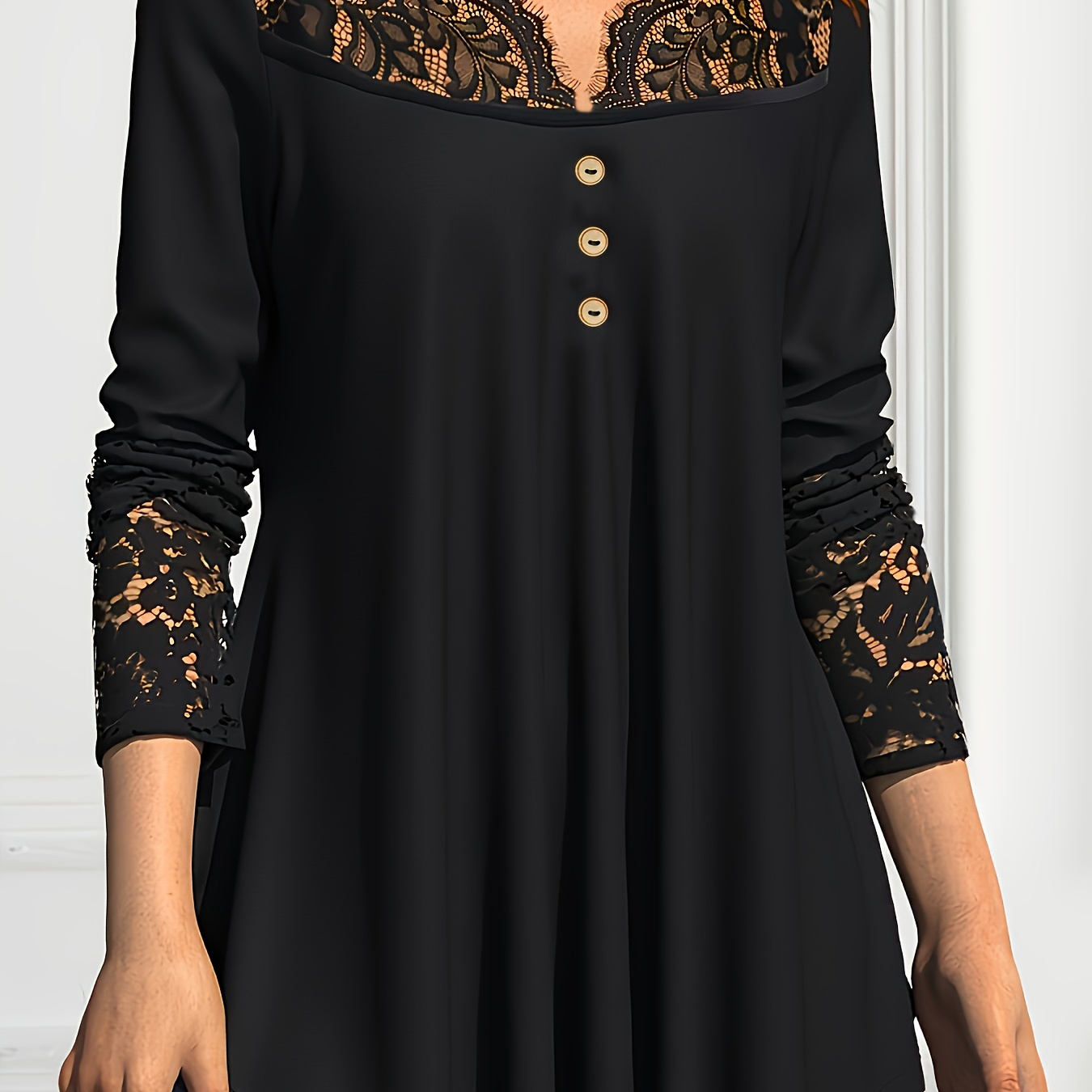 

Casual V-neck Long Sleeve Tunic With Contrast Lace Detailing, Polyester And Elastane Blend, Solid Color Knit Fabric Top For All Seasons