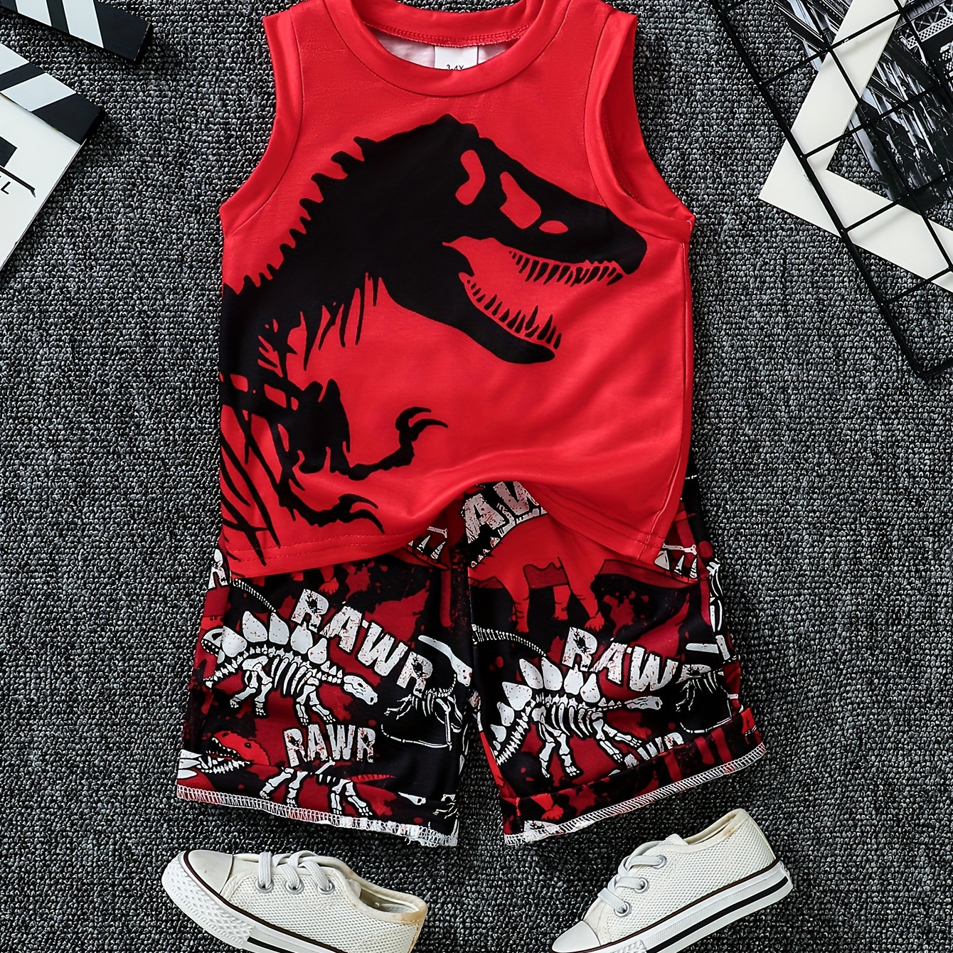 

2pcs Boys Casual Dinosaur Print Comfortable Versatile Sleeveless Tank Top & Shorts Set, Cool, Lightweight And Comfy Summer Clothes