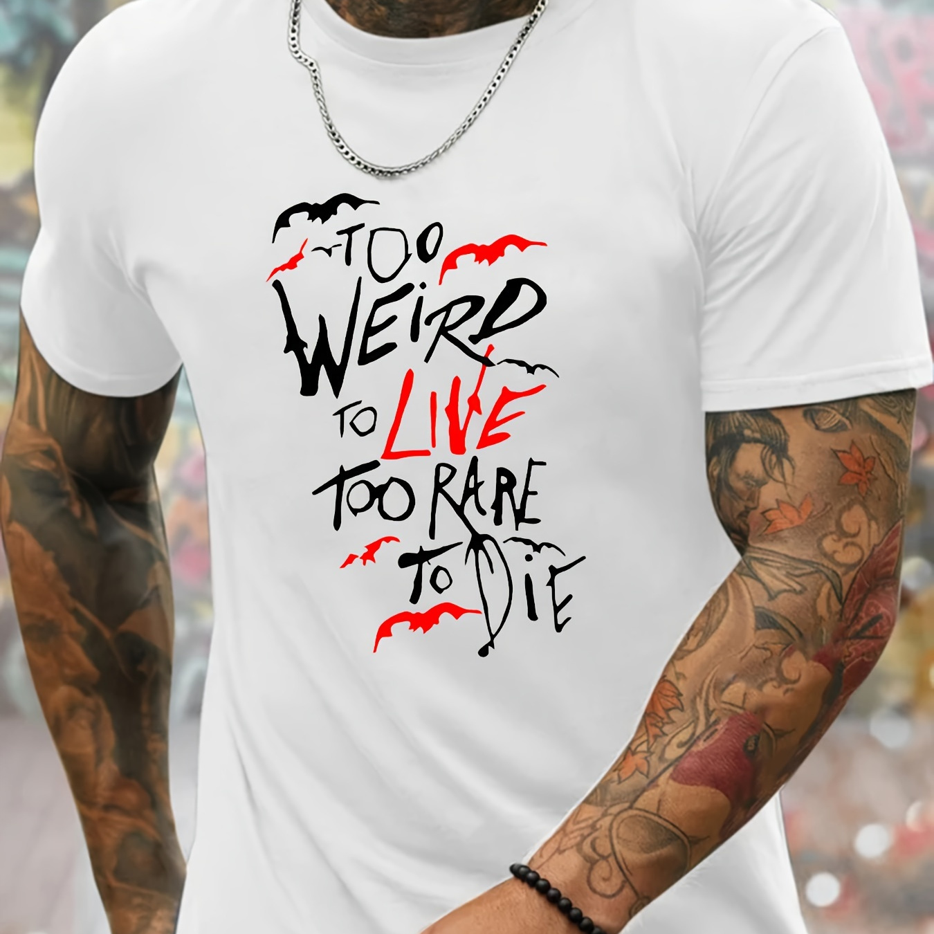 

Too Weird To Live Too Rare To Die Letter Print, Men's Crew Neck Short Sleeve Tees, Casual T-shirt, Casual Comfy Lightweight Top For Summer