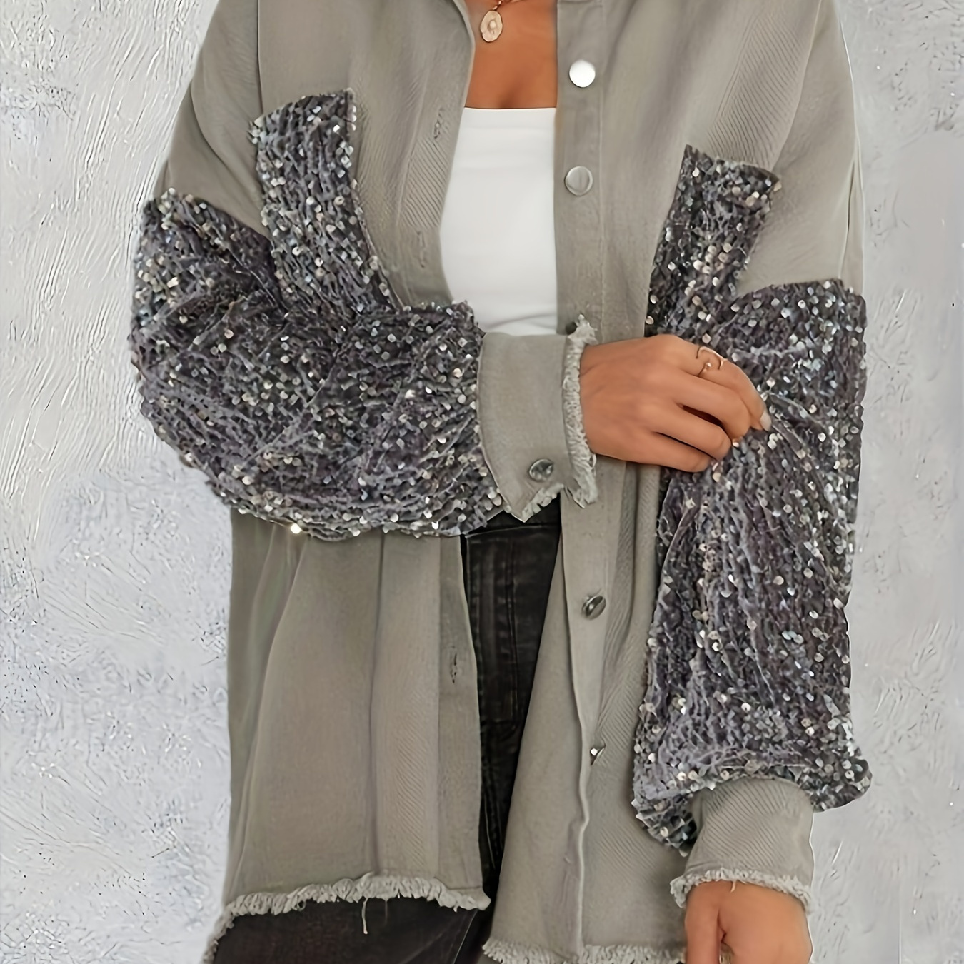 

Contrast Sequin Raw Hem Jacket, Vintage Button Front Drop Shoulder Jacket, Women's Clothing