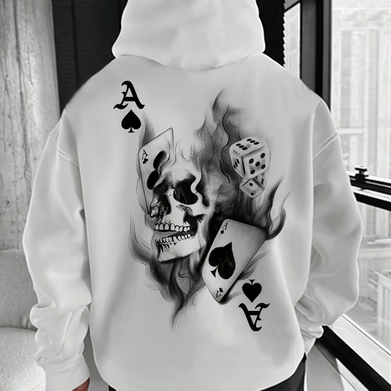 

Men's Hoodie With A Skull Print, Fleece-lined, Casual Top.