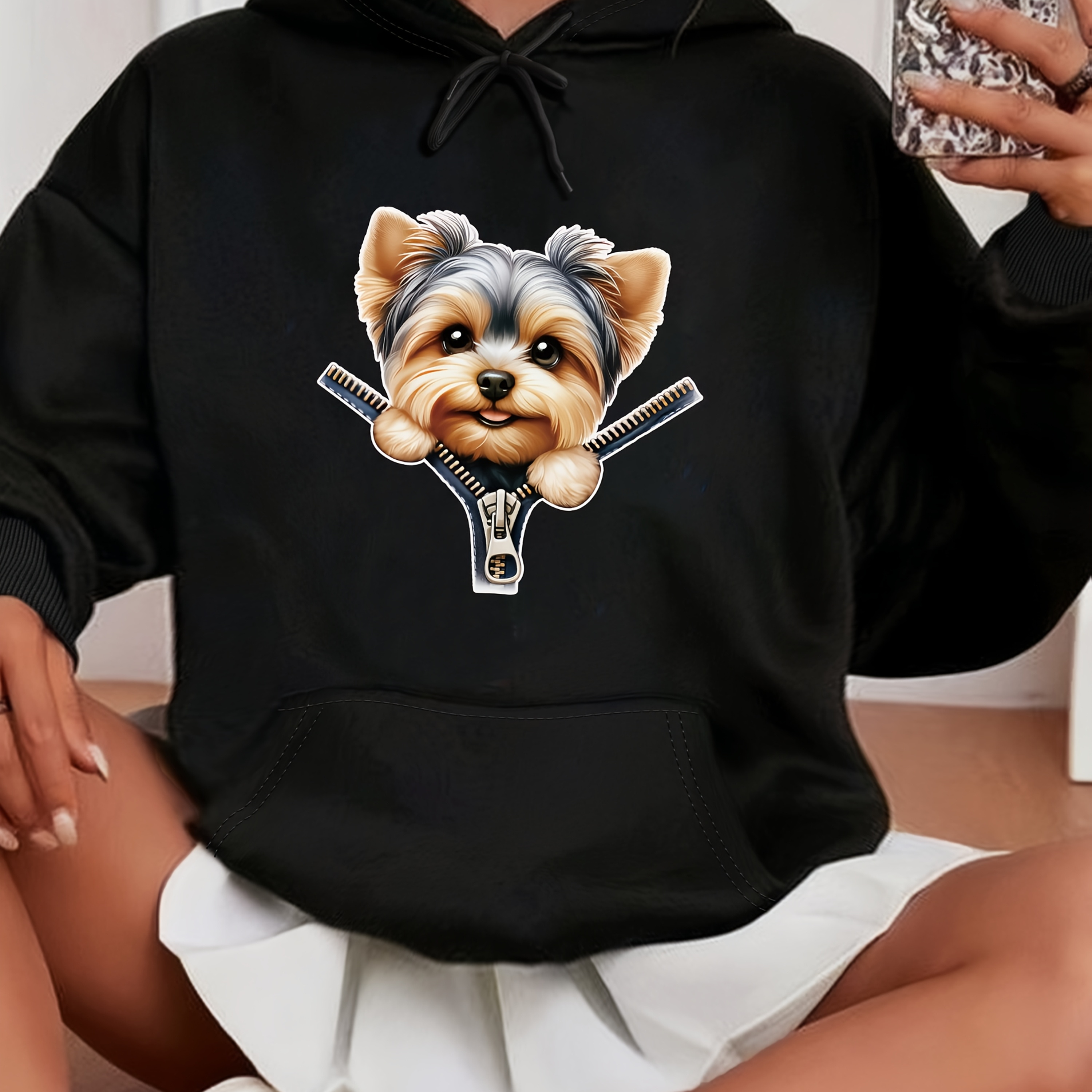 

1pc Women's Casual Polyester Hoodie With Cute Yorkshire Terrier Zipper Print, Knit Fabric Hooded Sweatshirt With Drawstring Collar