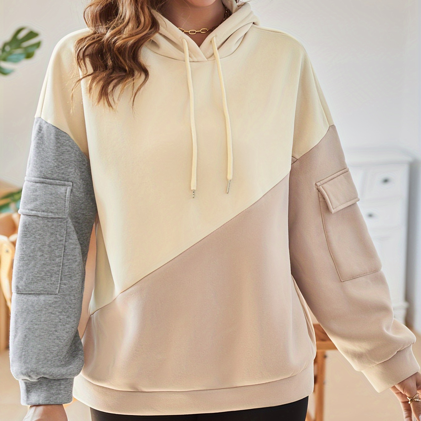 

Drawstring Hooded Sweatshirt, Casual Flap Pocket Long Sleeve Sweatshirt For Spring & Fall, Women's Clothing