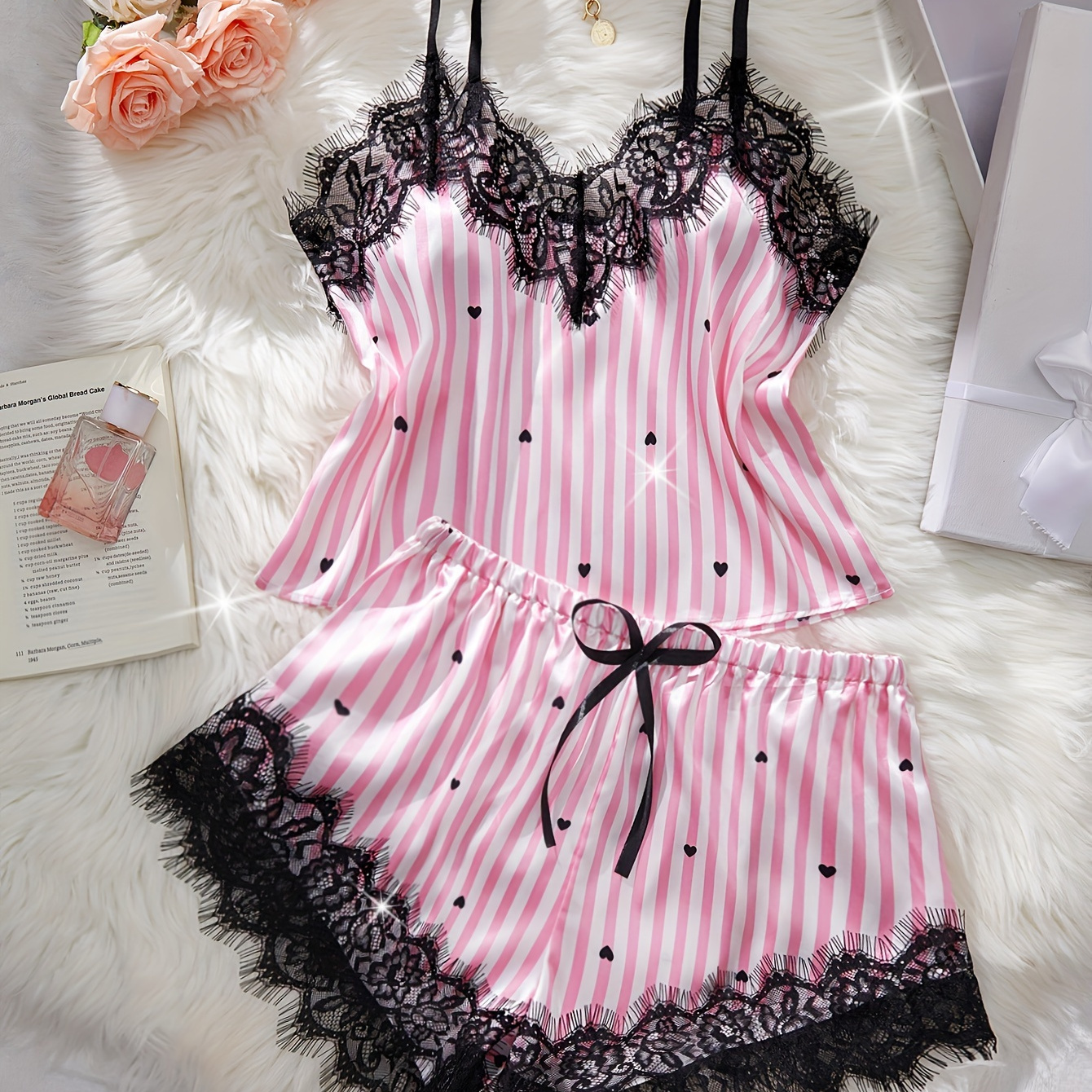 

Elegant 2pcs Striped Heart Print Pajama Set With Lace Trim Cami Top & Bow-accented Shorts - Comfy Polyester Sleepwear For Women