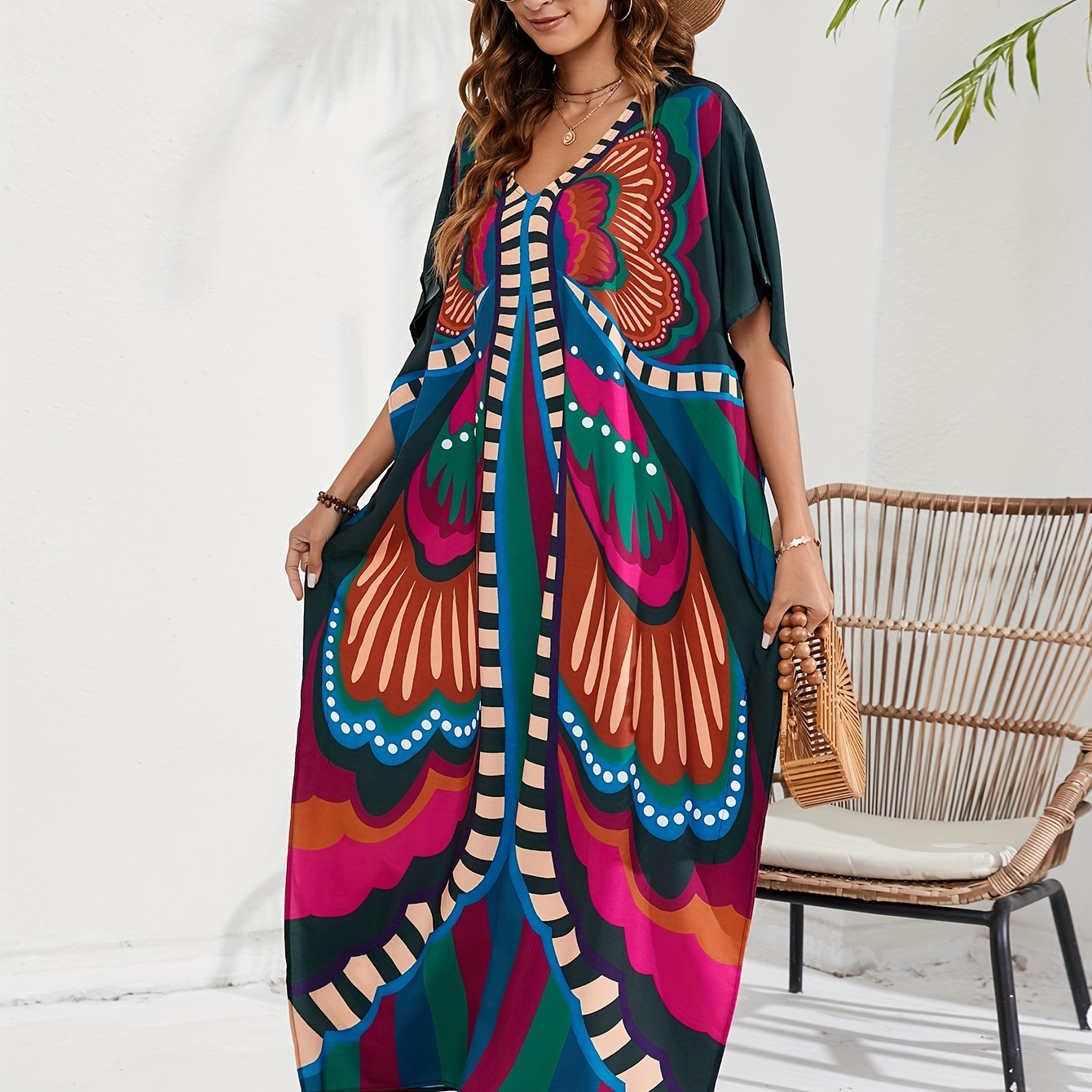 

Women's Boho Style Cover Up, Plus Size Butterfly Print V Neck Loose Fit Beach Kaftan Dress