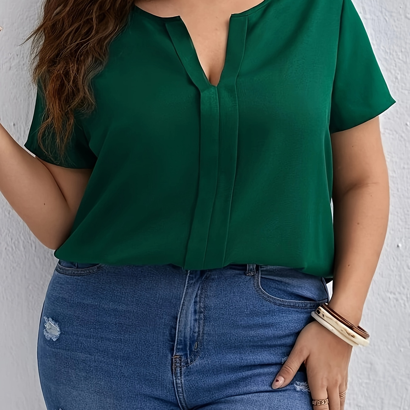 

Plus Size Solid Notch Neck Blouse, Casual Short Sleeve Blouse For Spring, Women's Plus Size clothing