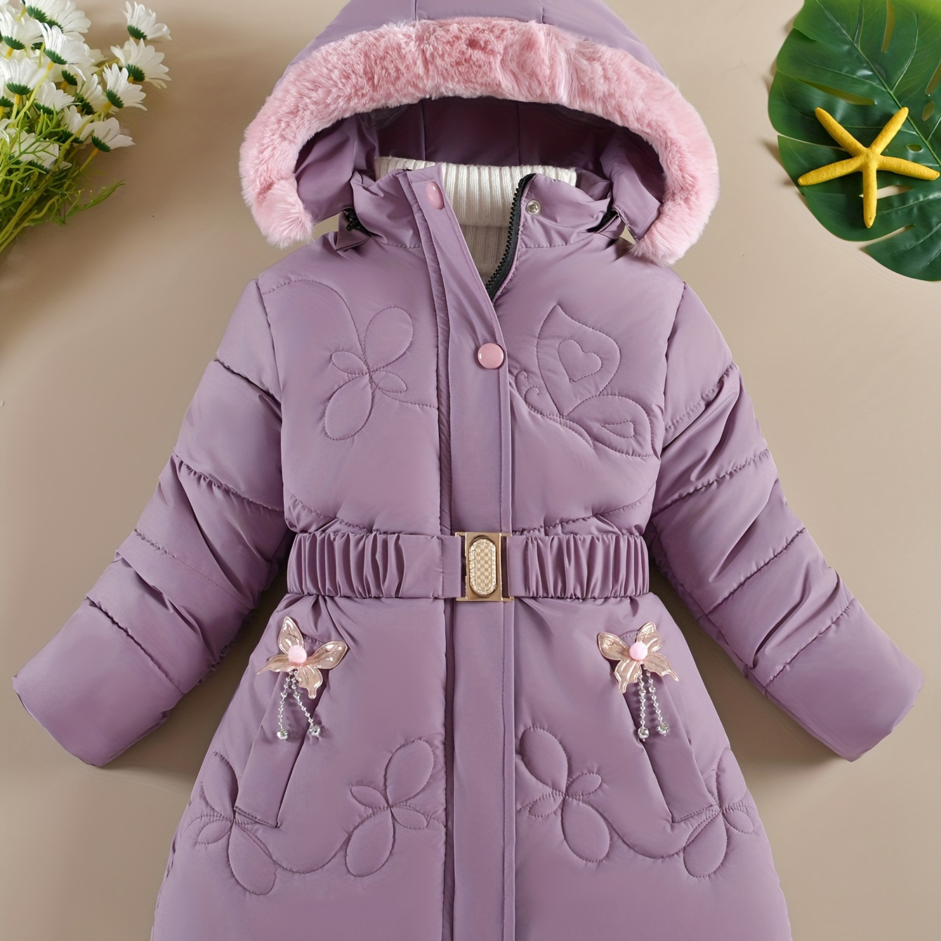 

Girl's Casual Padded Long Sleeve Hooded Parka Jacket With Detachable Waist Belt, Winter Outerwear