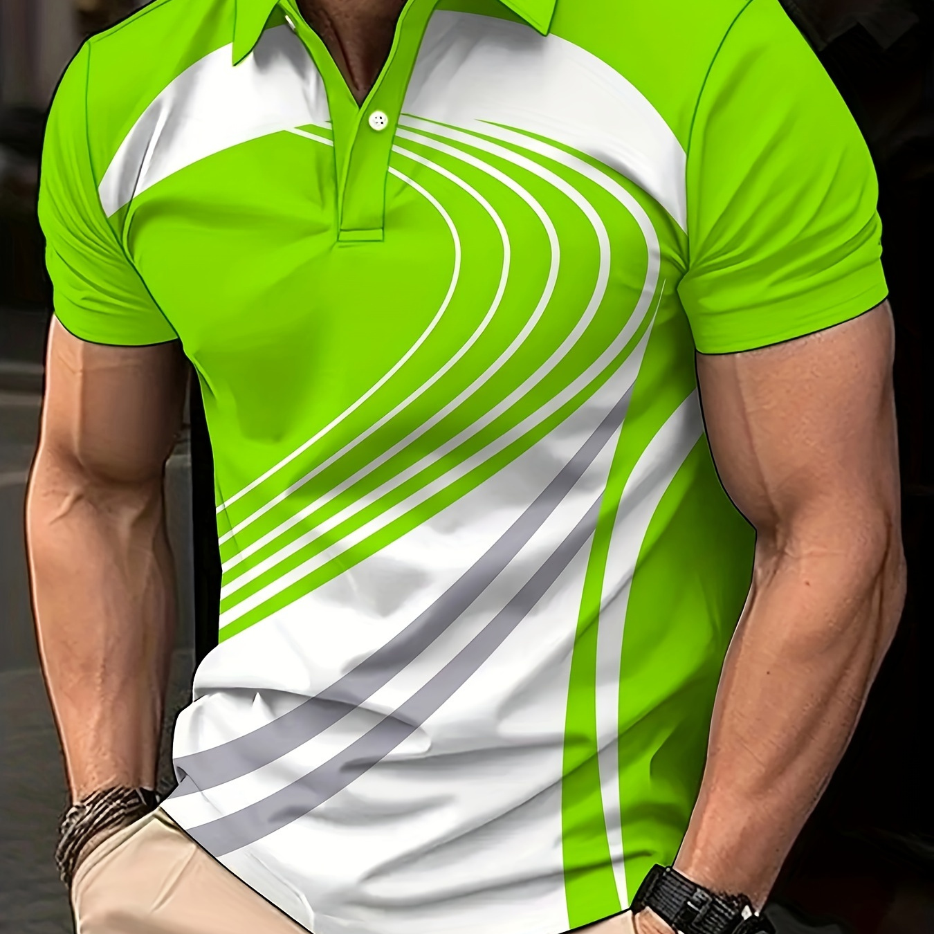 

Men's Color Blocked Short Sleeve Button Up Lapel Golf Shirts, Casual Style Slight Stretch Regular Fit Summer Tops, Summer Golf Shirts