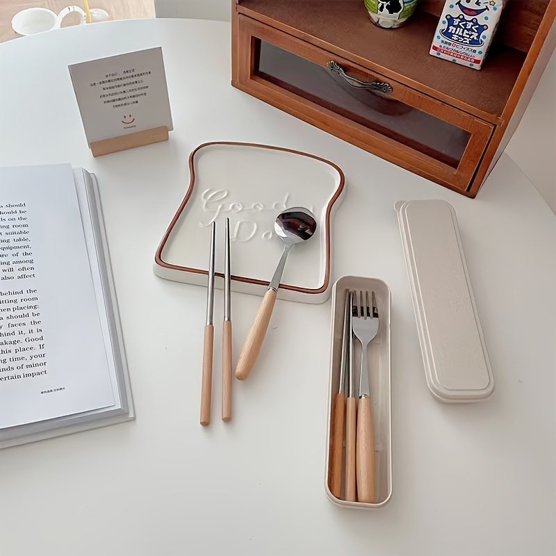 3pcs Reusable Wood Handle Flatware Set With Case, Outdoor Portable