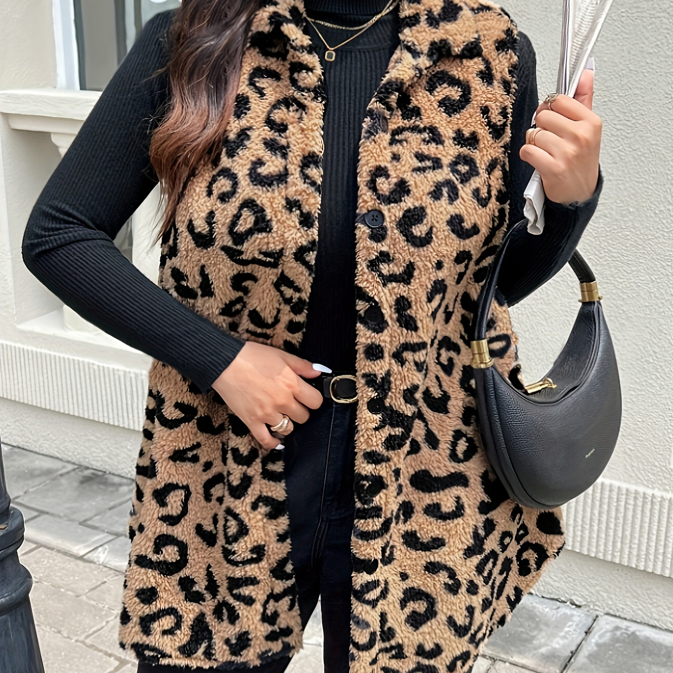 

Plus Size Leopard Pattern Button Front Teddy Vest, Casual Sleeveless Warm Vest For Fall & Winter, Women's Plus Size Clothing