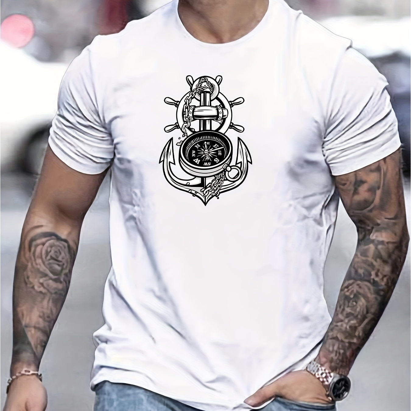 

Men's Compass Print T-shirt, Casual Short Sleeve Crew Neck Tee, Men's Clothing For Outdoor