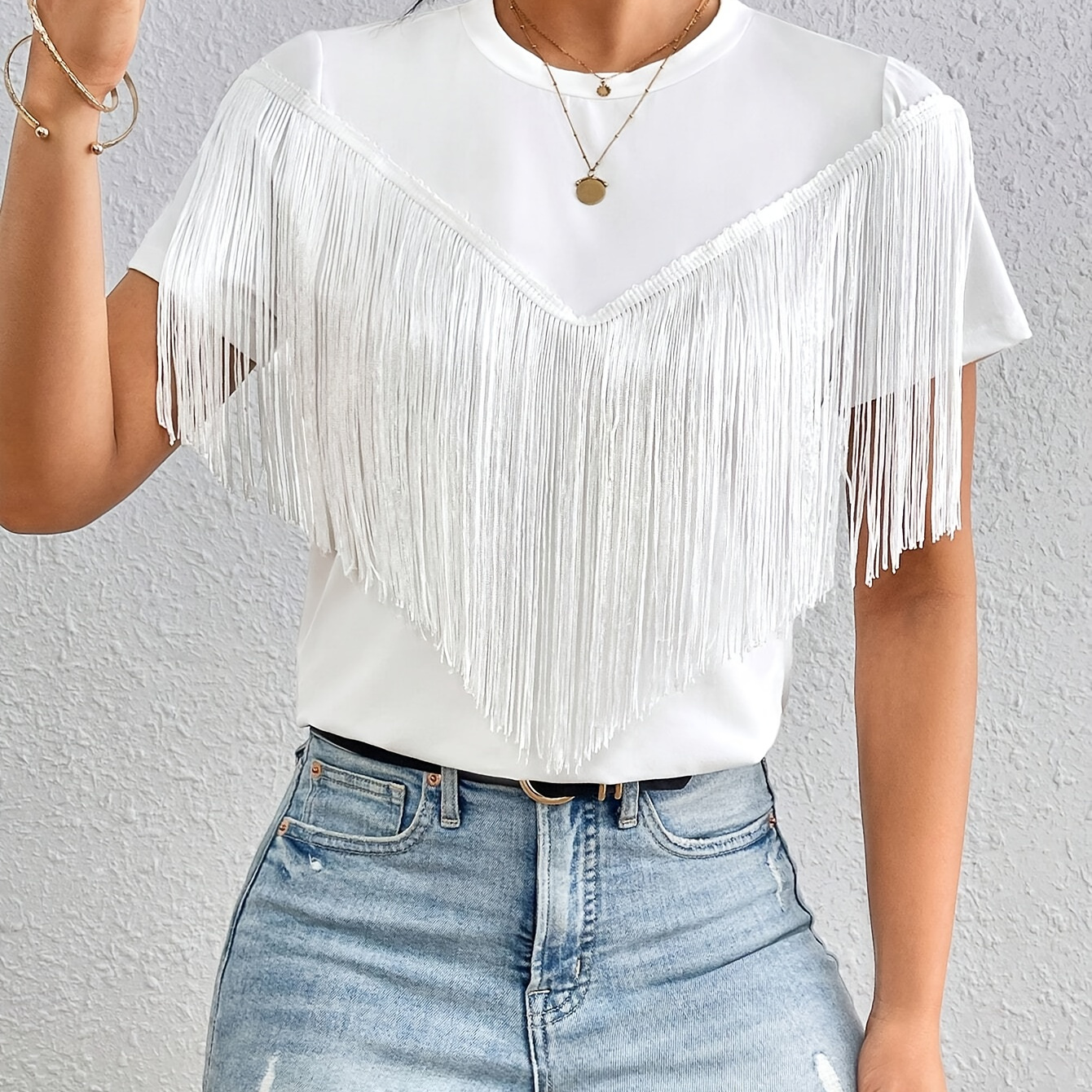 

Tassel Trim Crew Neck T-shirt, Elegant Short Sleeve Top For Spring & Summer, Women's Clothing