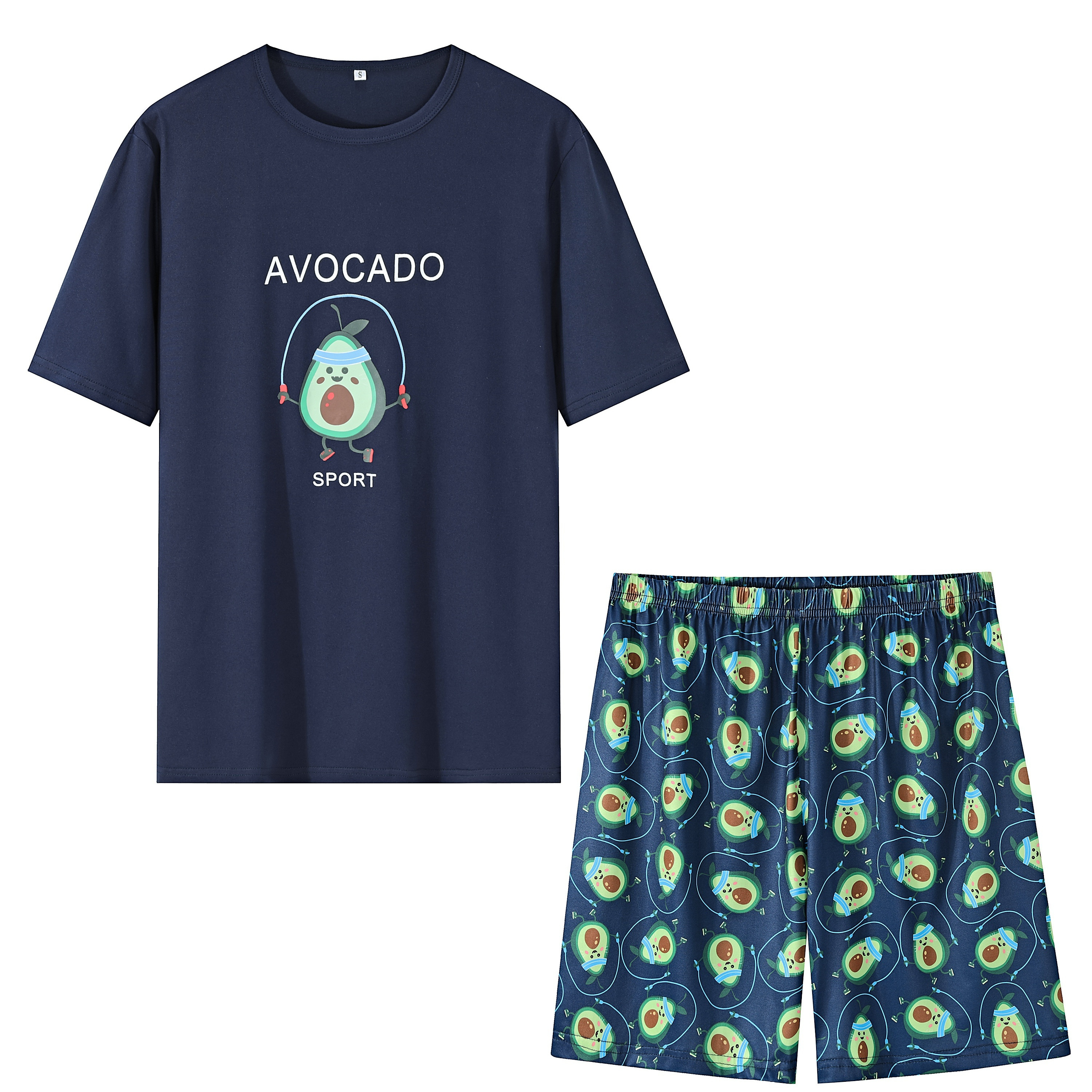 

Men's Trendy Casual Comfy Tees & Shorts, Avocado Graphic Print Crew Neck Short Sleeve T-shirt & Loose Shorts Home Pajamas Sets, Outdoor Sets For Summer
