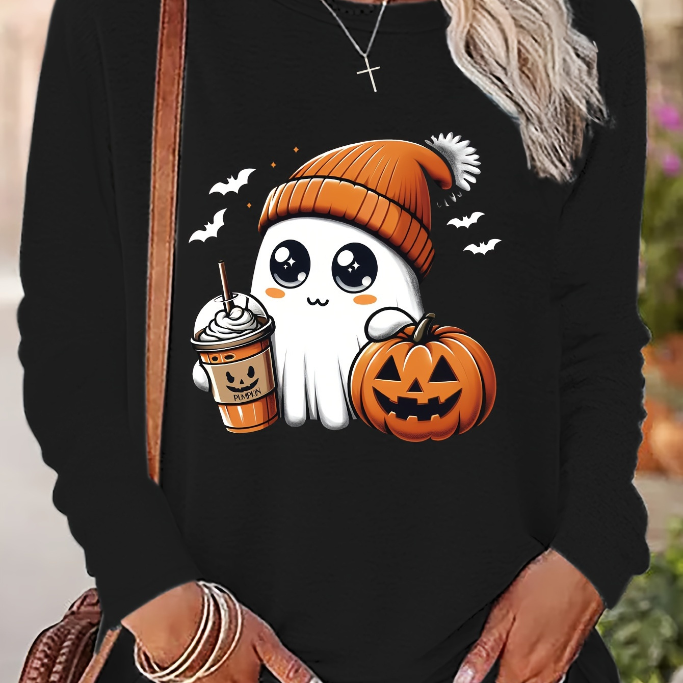 

Long Sleeve Crew Neck T-shirt With Pumpkin And Coffee Applique - 100% Polyester Knit Fabric Pullover For Women