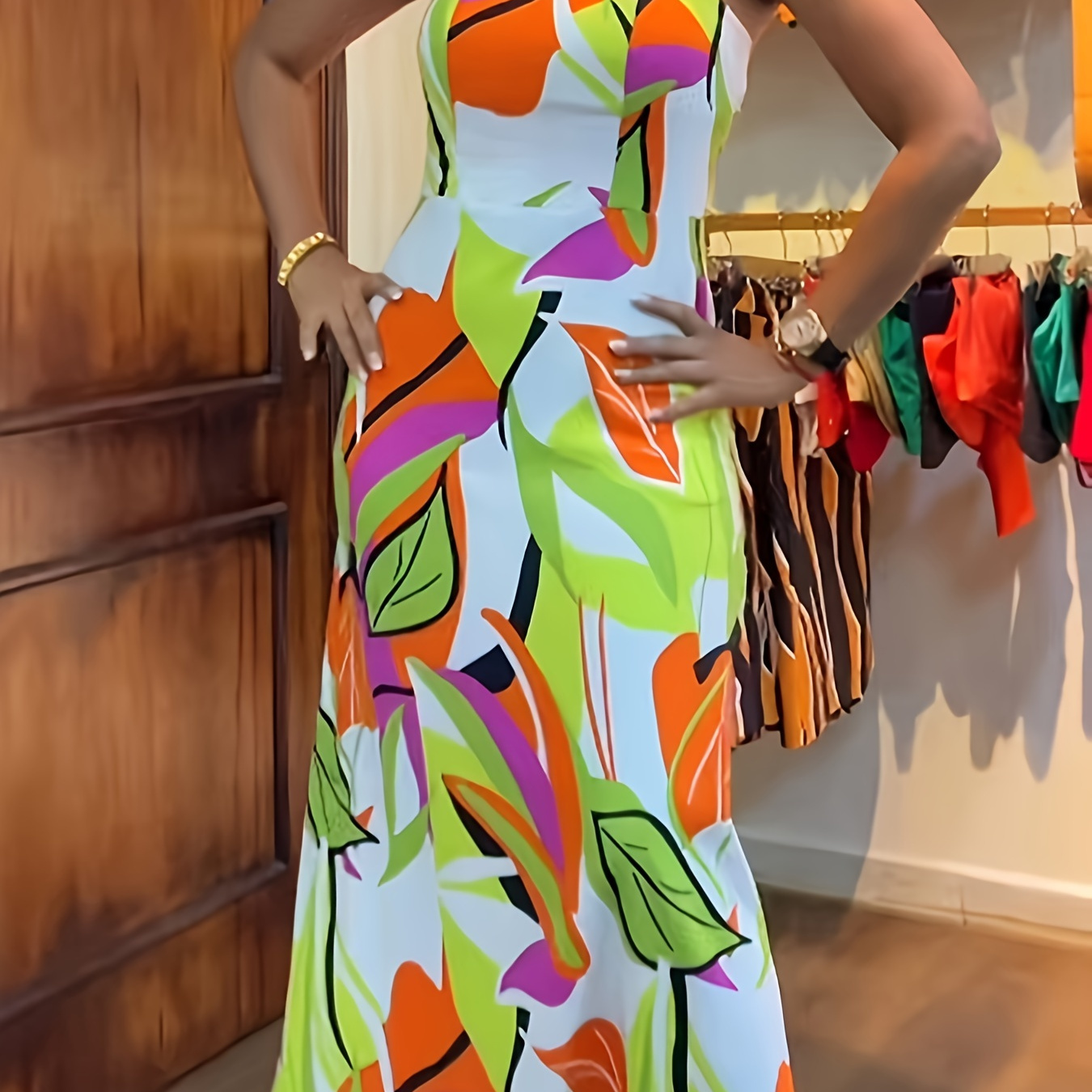 

Leaf Print Halter Neck Dress, Vacation Sleeveless Ankle Length Dress For Spring & Summer, Women's Clothing