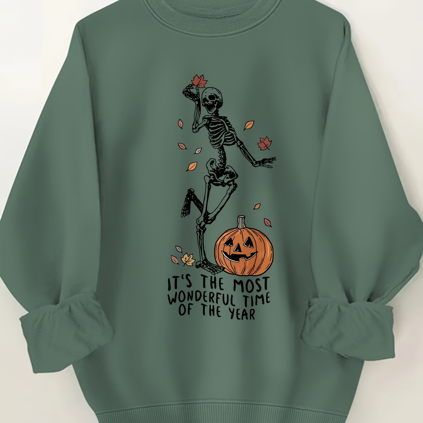 

Plus Size Skeleton & Pumpkin Print Sweatshirt, Casual Long Sleeve Crew Neck Sweatshirt, Women's Plus Size Clothing