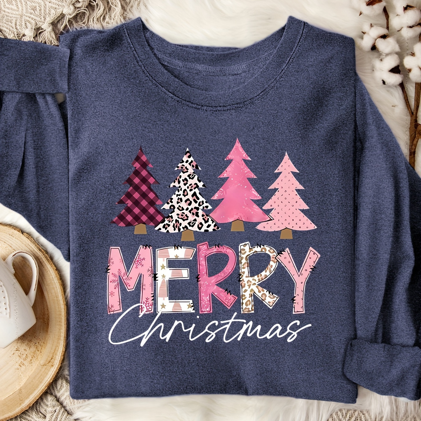 

Merry Christmas Vintage-inspired Women's Long Sleeve T-shirt With Colorful Tree & Letter Print - Cotton Blend, Machine Washable