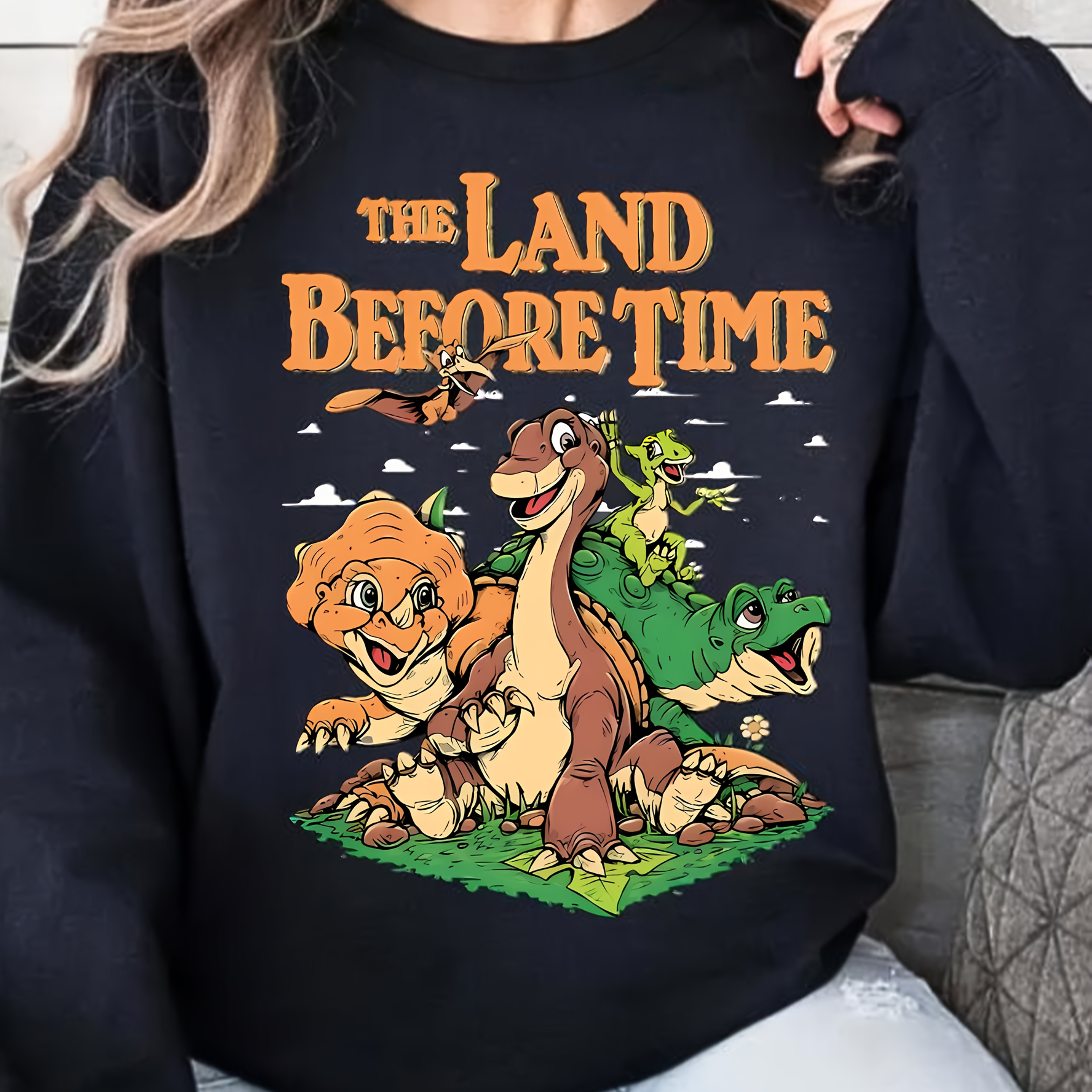 

1pc Before Time Cartoon Graphic Pullover Sweatshirt - Casual Crew Neck Long Sleeve Polyester T-shirt With Stretch, Warm Lined Knit Fabric For Fall/winter