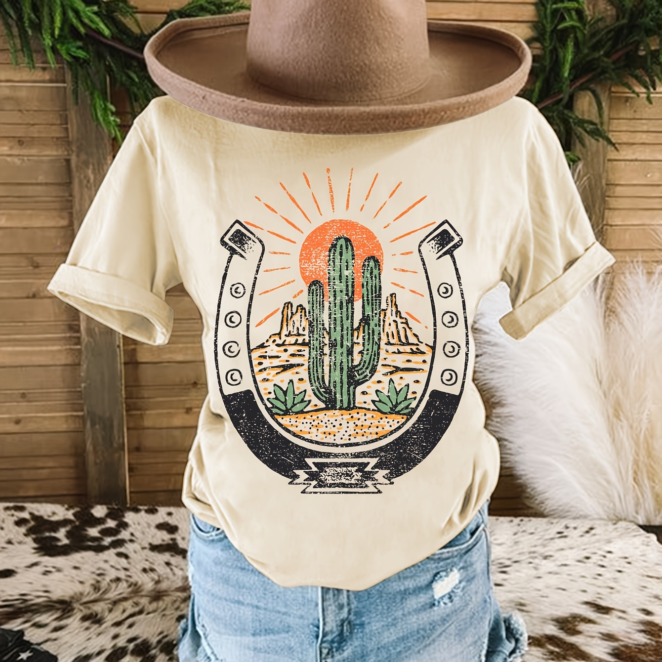 

Women's Casual Short Sleeve T-shirt With Western Cowboy Print - Crew Neck, Machine Washable, Summer, Cowboy, , T-shirt, Women's Clothing