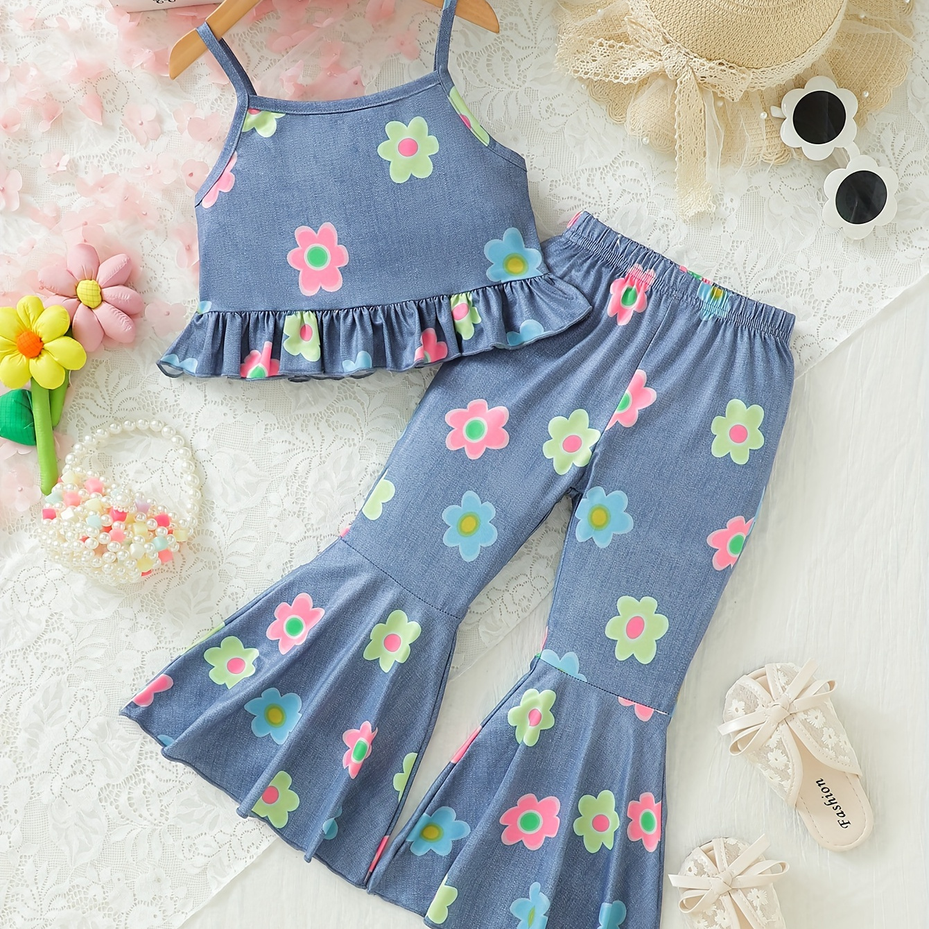 

2pcs Trendy Flower Graphic Outfits Girls Comfy Pullover + Pants Set For Outdoor Summer