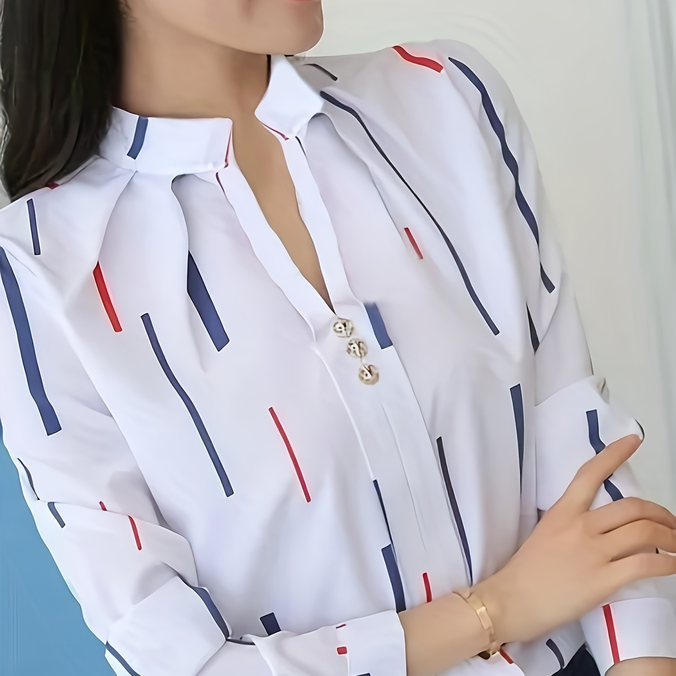 

Print Neck Blouse, Elegant Long Sleeve Top For Spring & Fall, Women's Clothing