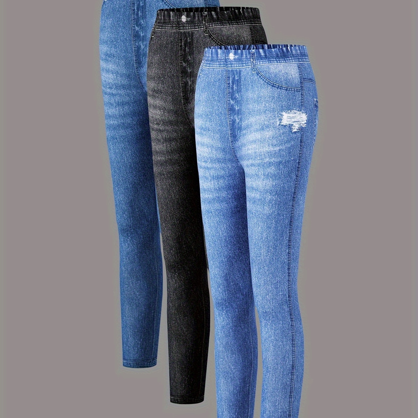 

Girls 3pcs/set Fit & Stretchy Allover Imitation Denim Pattern Print Leggings For Spring & Fall