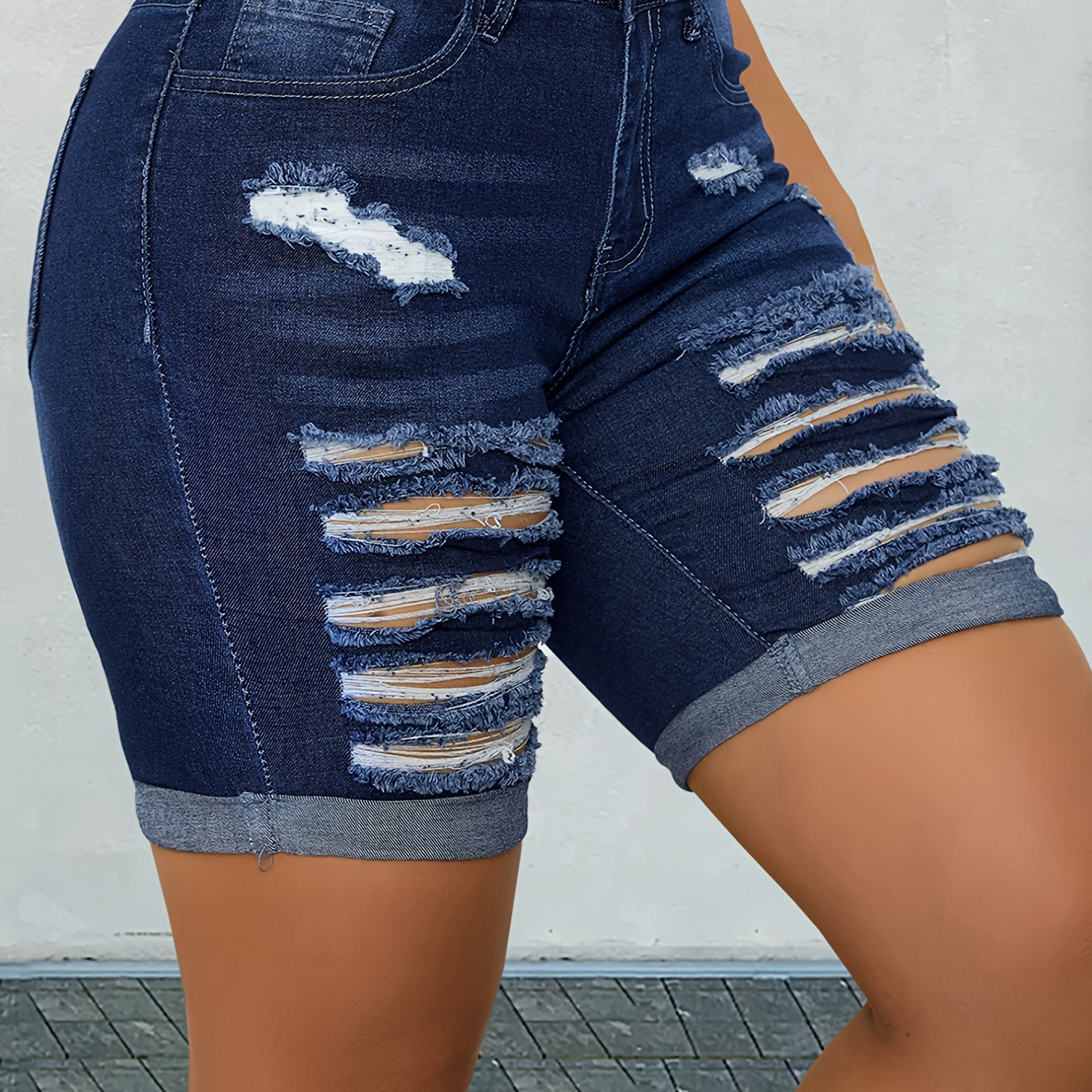 

Ripped Roll Up Hem Denim Shorts, Distressed Slash Pocket Denim Shorts, Women's Denim Jeans & Clothing