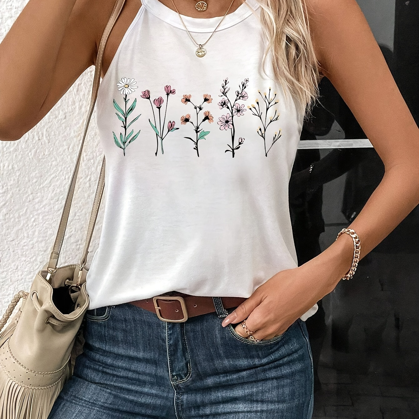 

Floral Print Halter Neck Cami Top, Casual Sleeveless Top For Spring & Summer, Women's Clothing