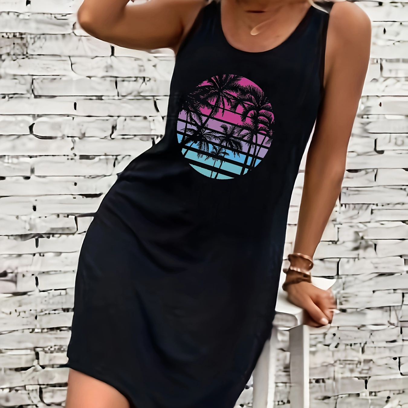 

Coconut Tree Print Crew Neck Tank Dres, Casual Sleeveless Dress For Spring & Summer, Women's Clothing