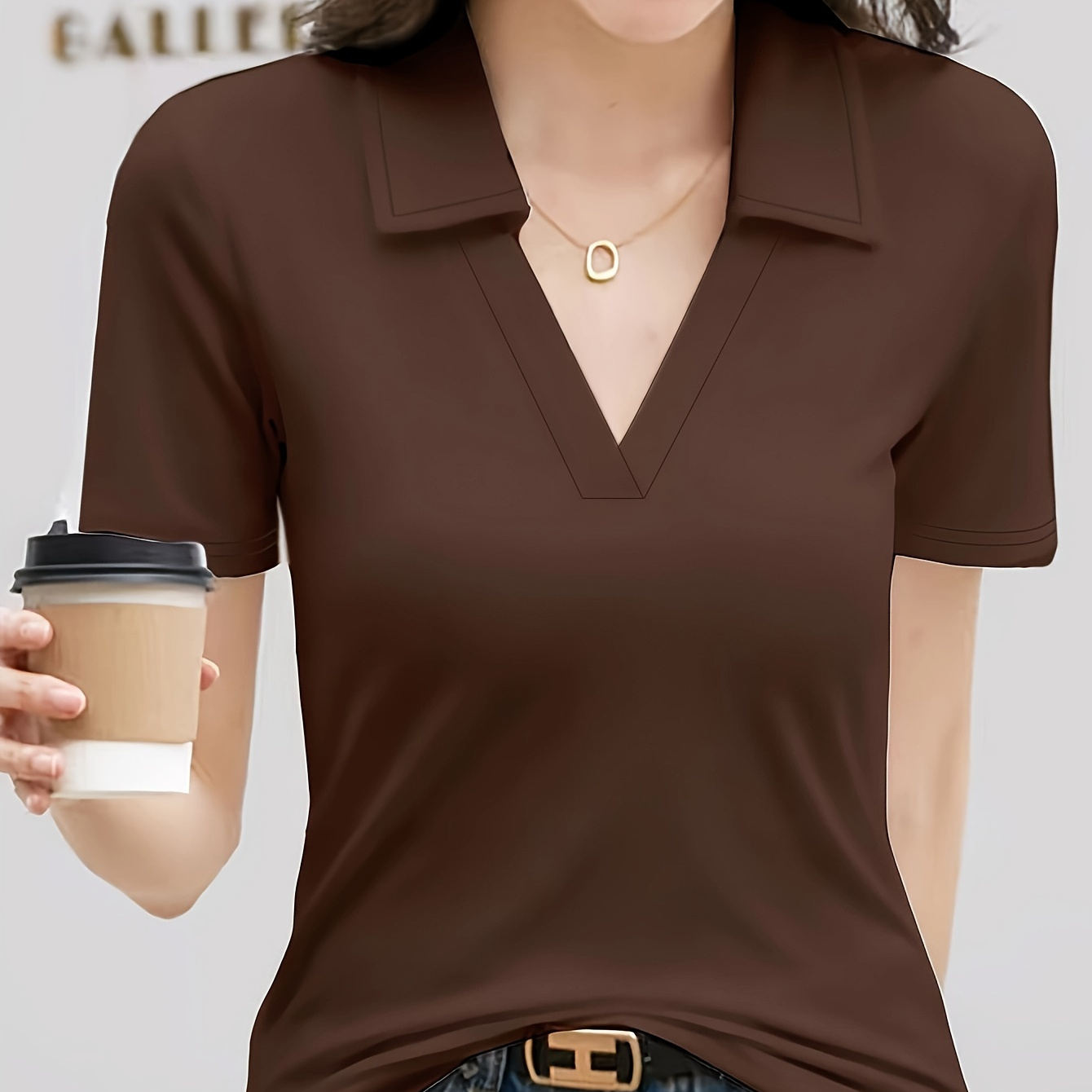 

Solid Color Notched Collared T-shirt, Casual Short Sleeve Top For Spring & Summer, Women's Clothing