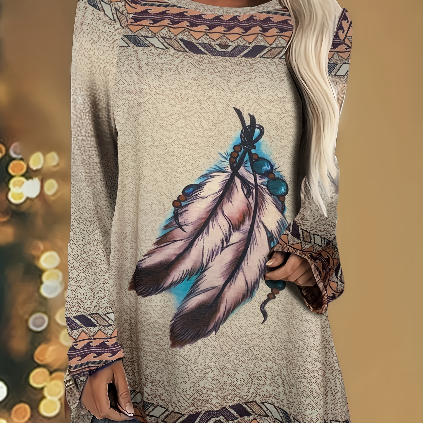 Plus Size Boho Sweatshirt Women's Plus Tribal Feather Print - Temu