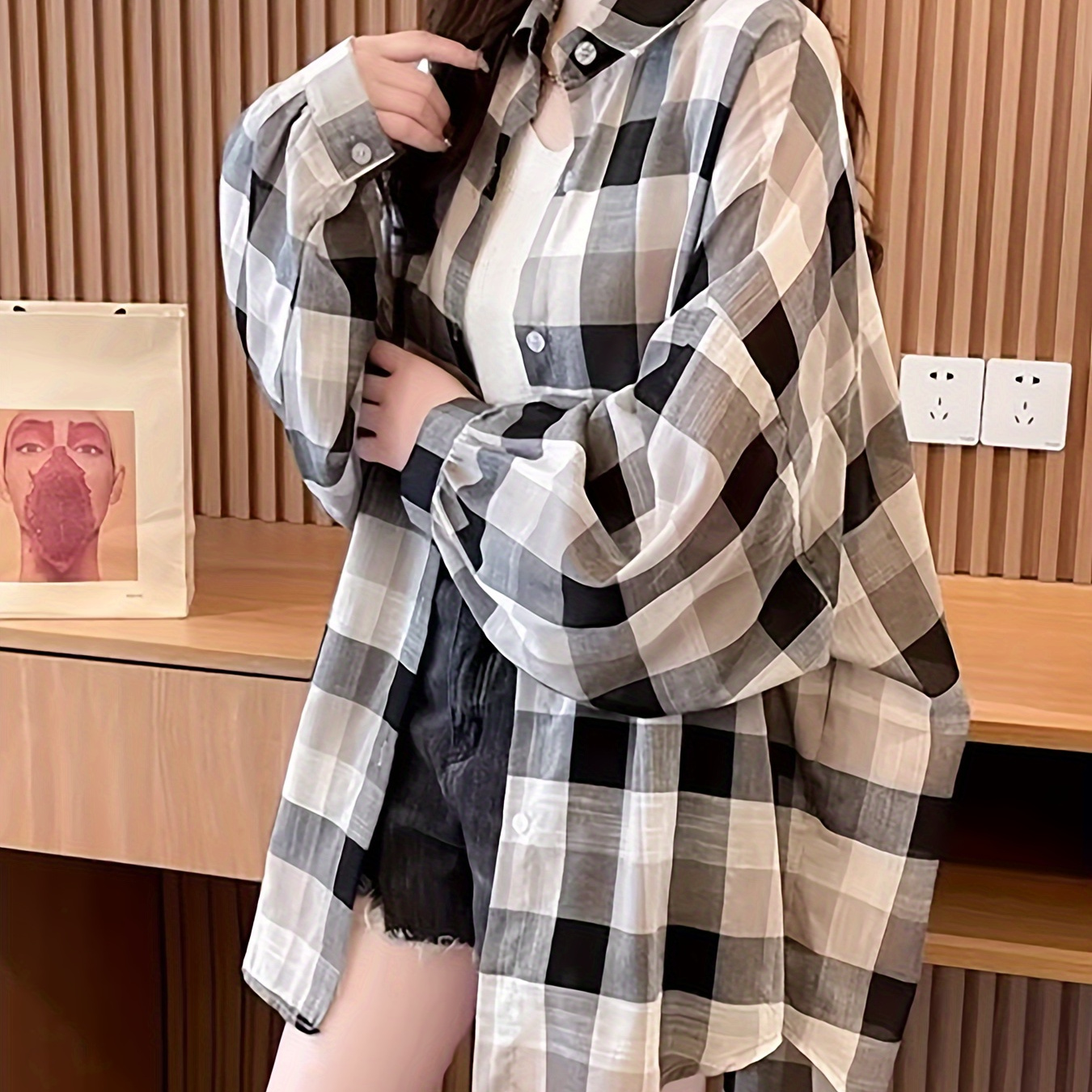 

Plaid Pattern Drop Shoulder Blouse, Casual Single Breasted Loose Blouse For Spring & Fall, Women's Clothing