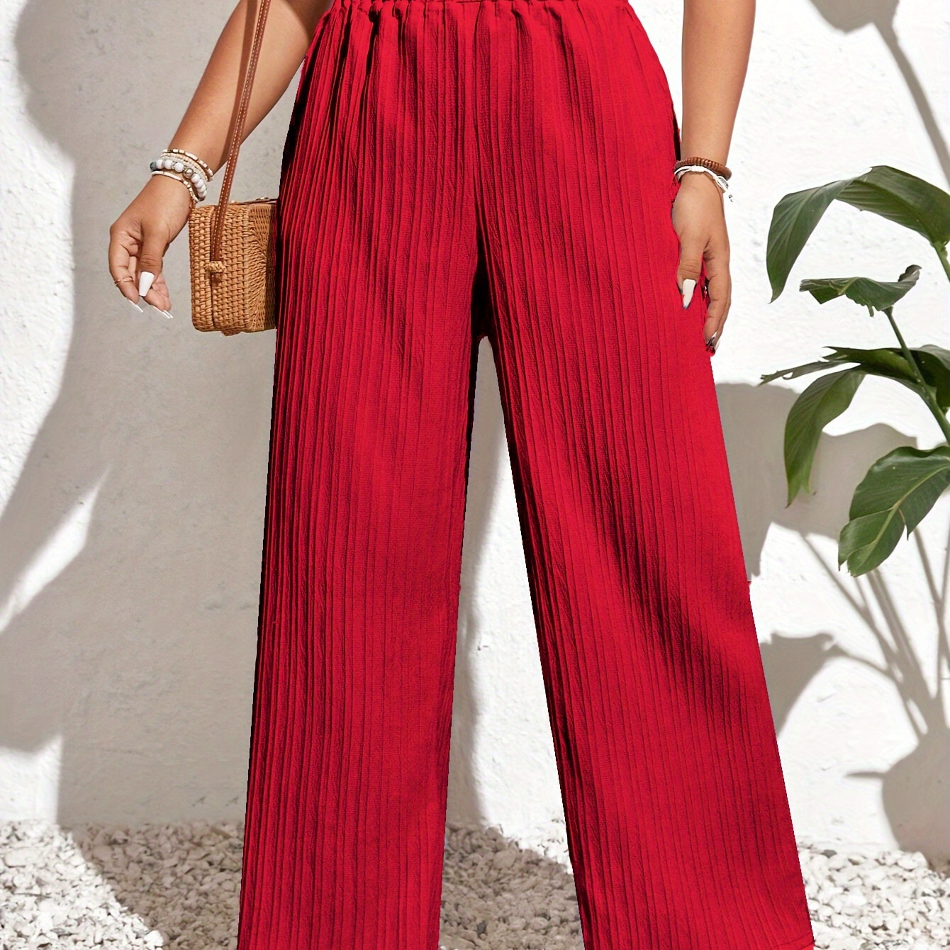 

Plus Size Solid Color Wide Leg Pants, Casual Elastic Waist Pants For Spring & Fall, Women's Plus Size Clothing