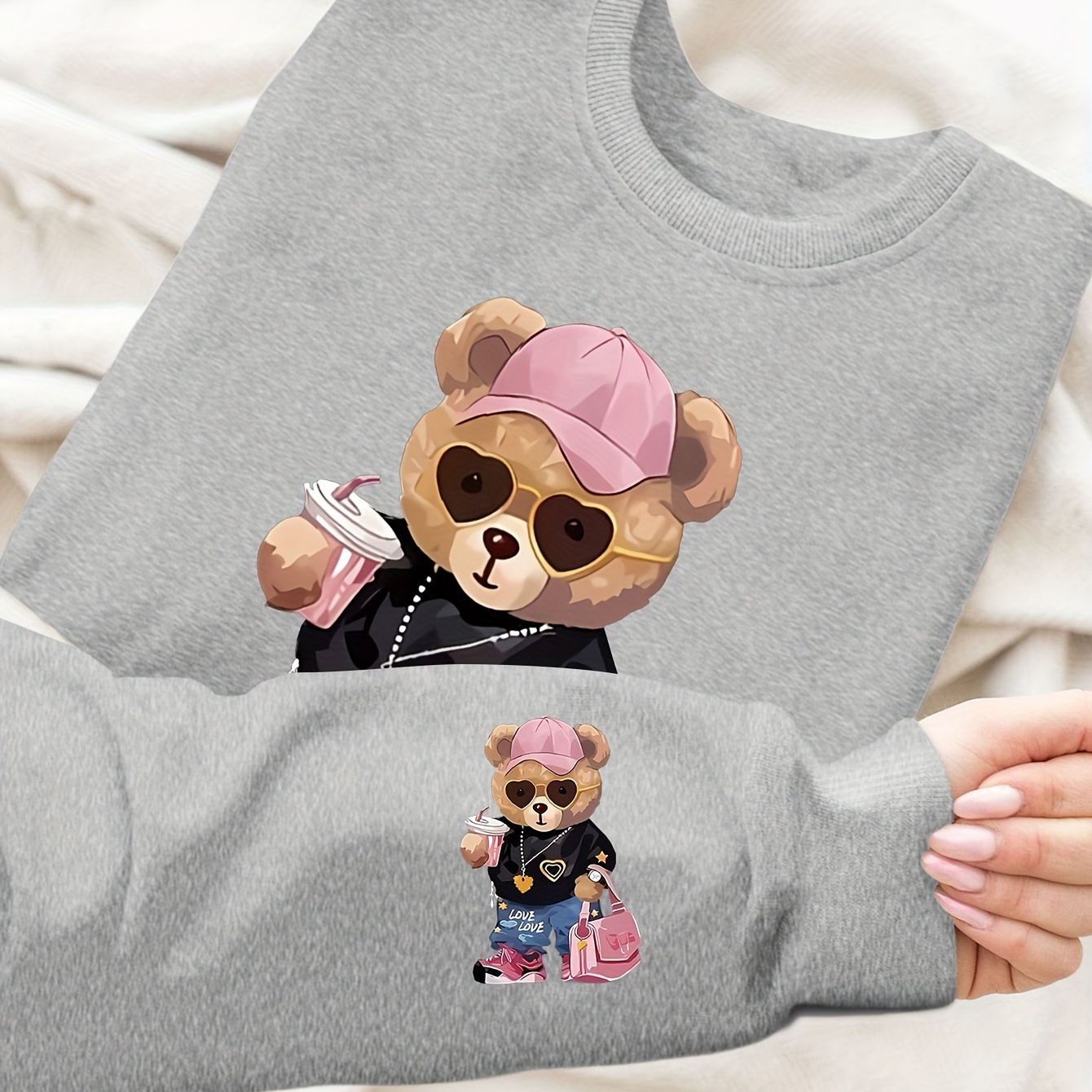 

Bear Print Sweatshirt, Crew Neck Casual Sweatshirt For Winter & Fall, Women's Clothing