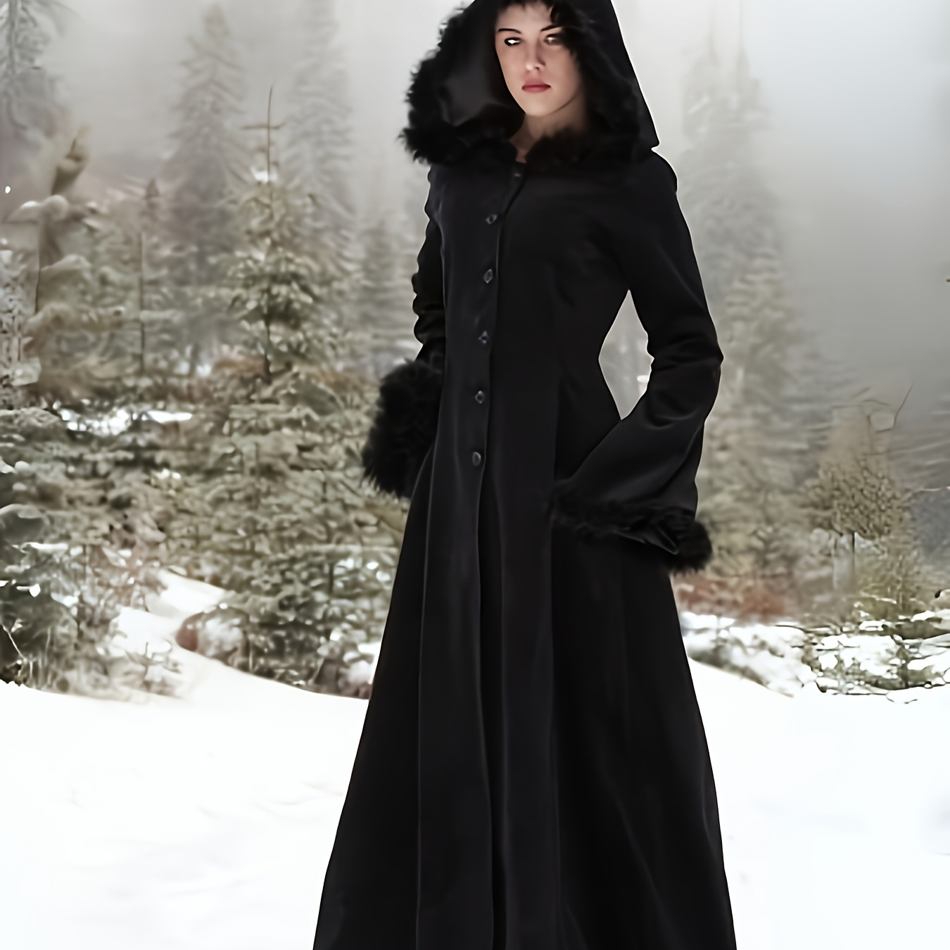 

Elegant Victorian-inspired Long Hooded Coat With Fur Trim And Corset Detail - Punk Style, Machine Washable, Polyester For Women - Fall/winter