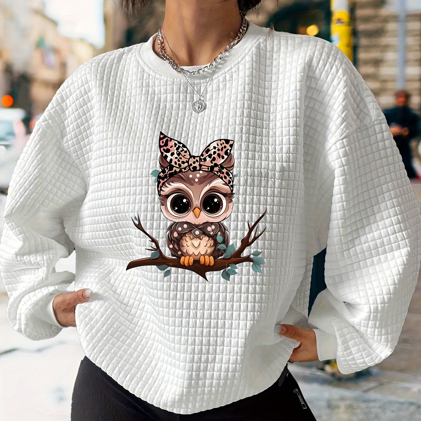 

Owl Print Waffle Pullover Sweatshirt, Casual Long Sleeve Crew Neck Sweatshirt For Fall & Winter, Women's Clothing