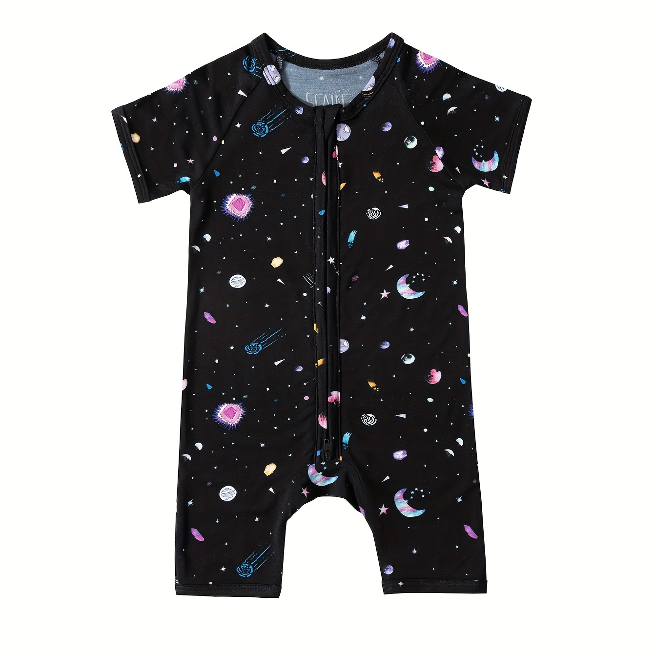 

Infant Unisex Short Sleeve Romper, Bamboo Fiber Fabric, Spring/summer Comfort, Cute Galaxy Print, Baby One-piece Outfit With Zipper
