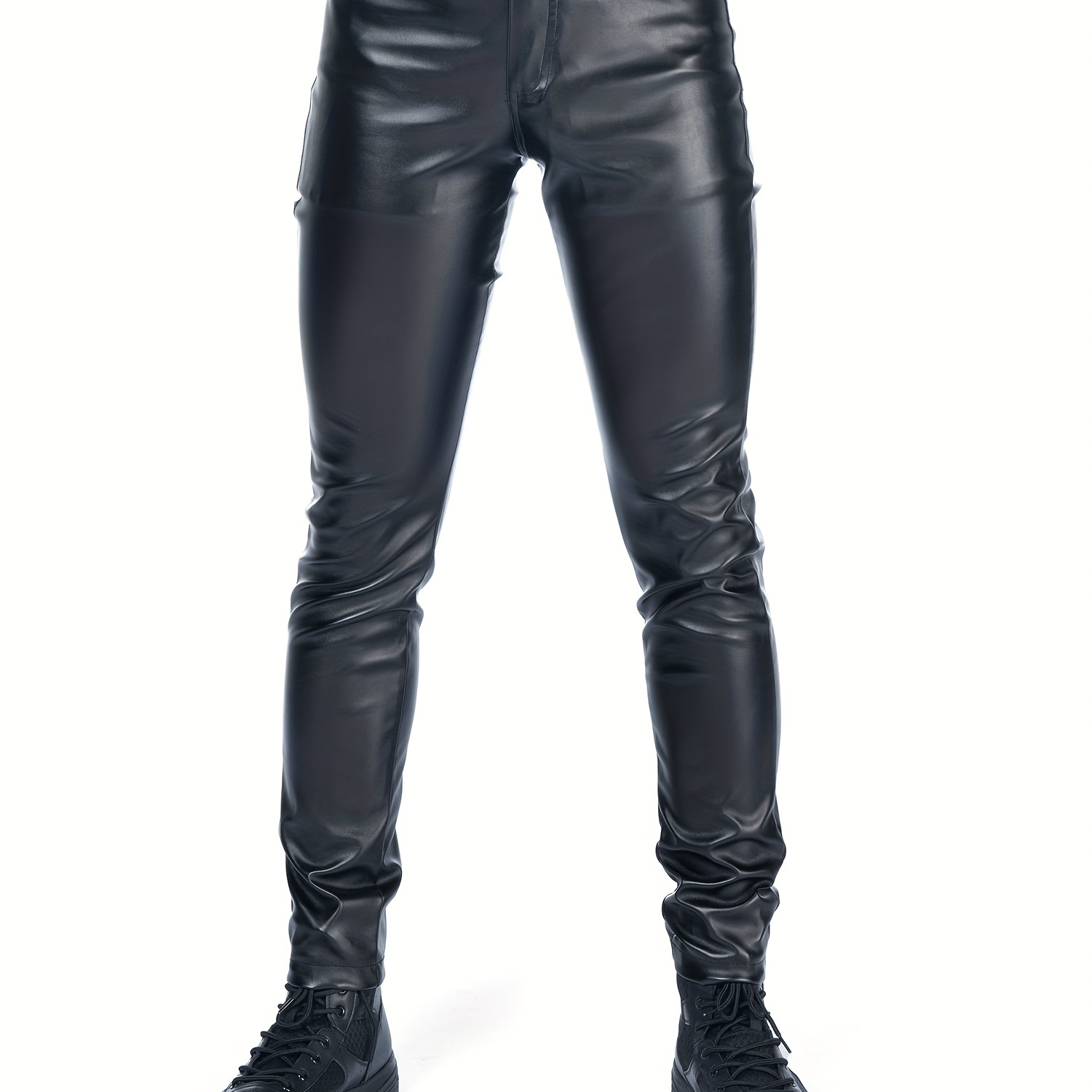 

Men's Slim Fit Stretch Pu Leather Biker Pants - Casual Mid-rise, Button Detail, Glossy For Spring & Fall, Attire | Fashionforward Trousers | Zipper Closure