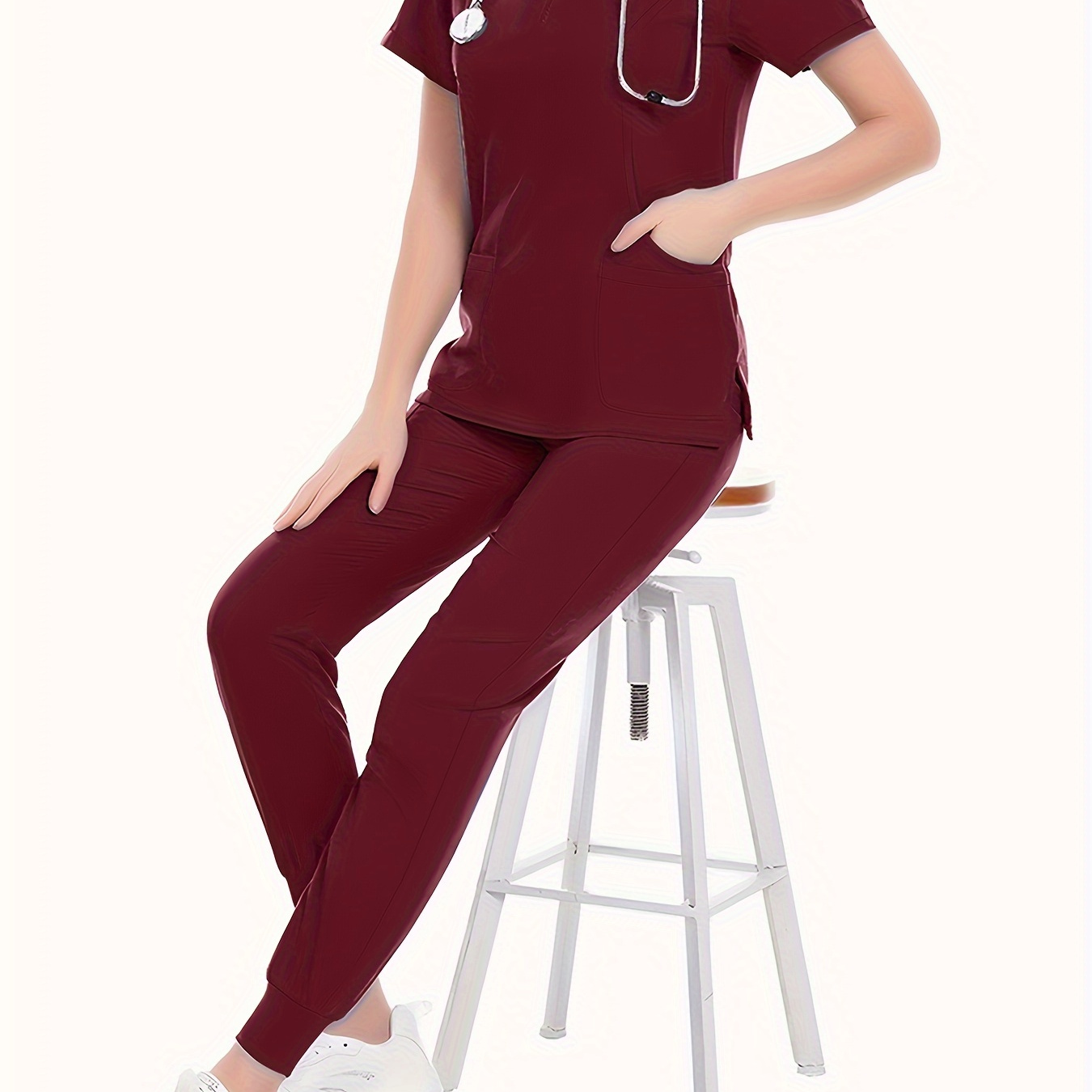 

Nurse Work Two-piece Set, Crew Neck Pocket Front Scrub Tops & Drawstring Pants Outfits For Hospital, Women's Clothing