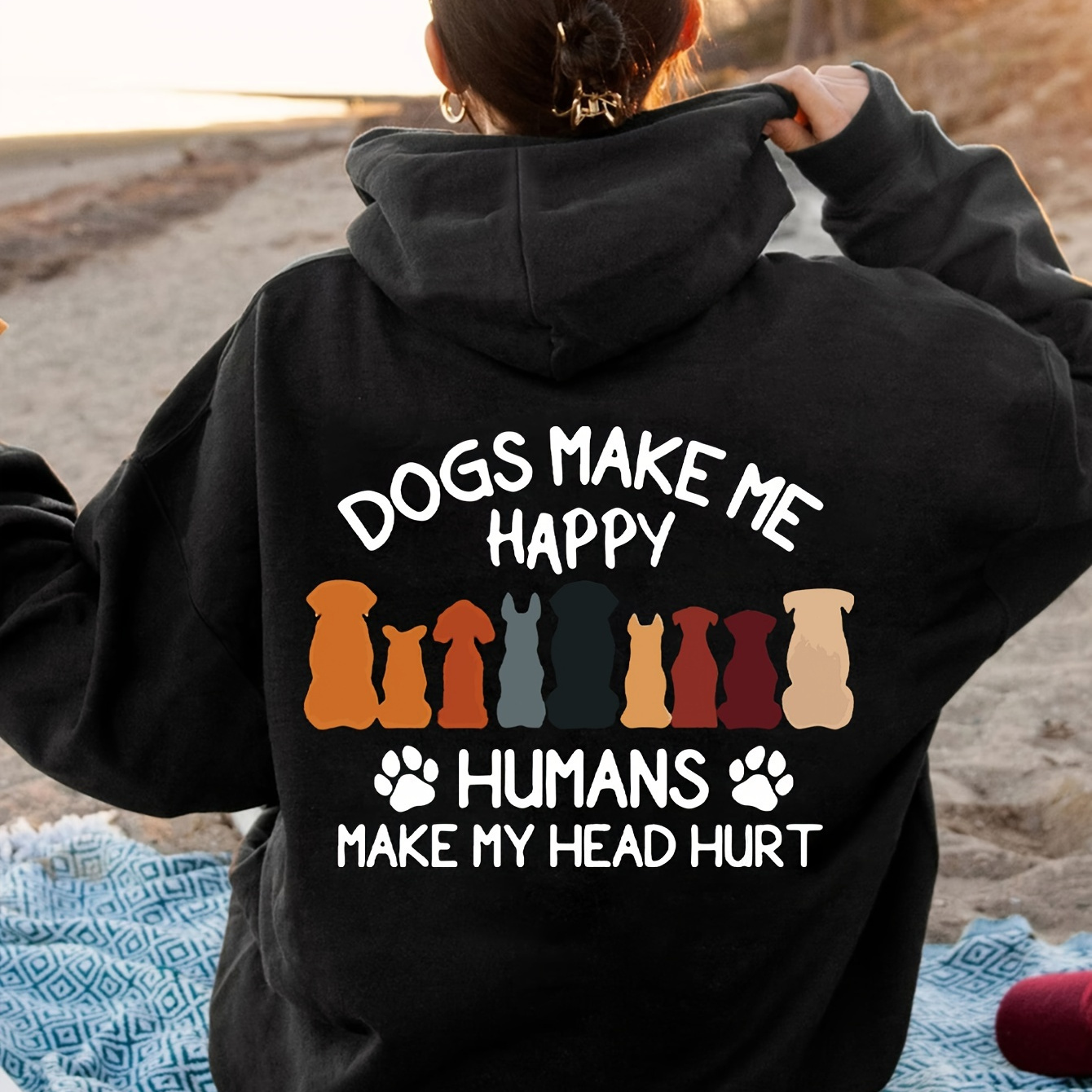 

1pc Women's Casual Polyester Hoodie With "dogs Happy, Humans Make My Head Hurt" Paw Print Graphic, Pullover Sweatshirt