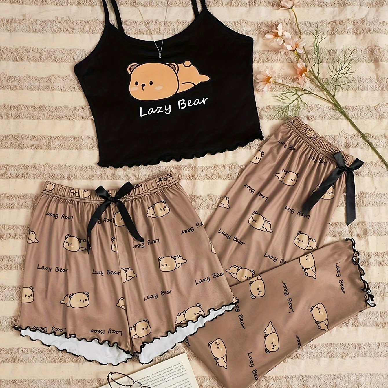 

Women's Cute Bear & Letter Print Frill Trim Pajama Set, Round Neck Backless Crop Cami Top & Shorts & Pants, Comfortable Relaxed Fit