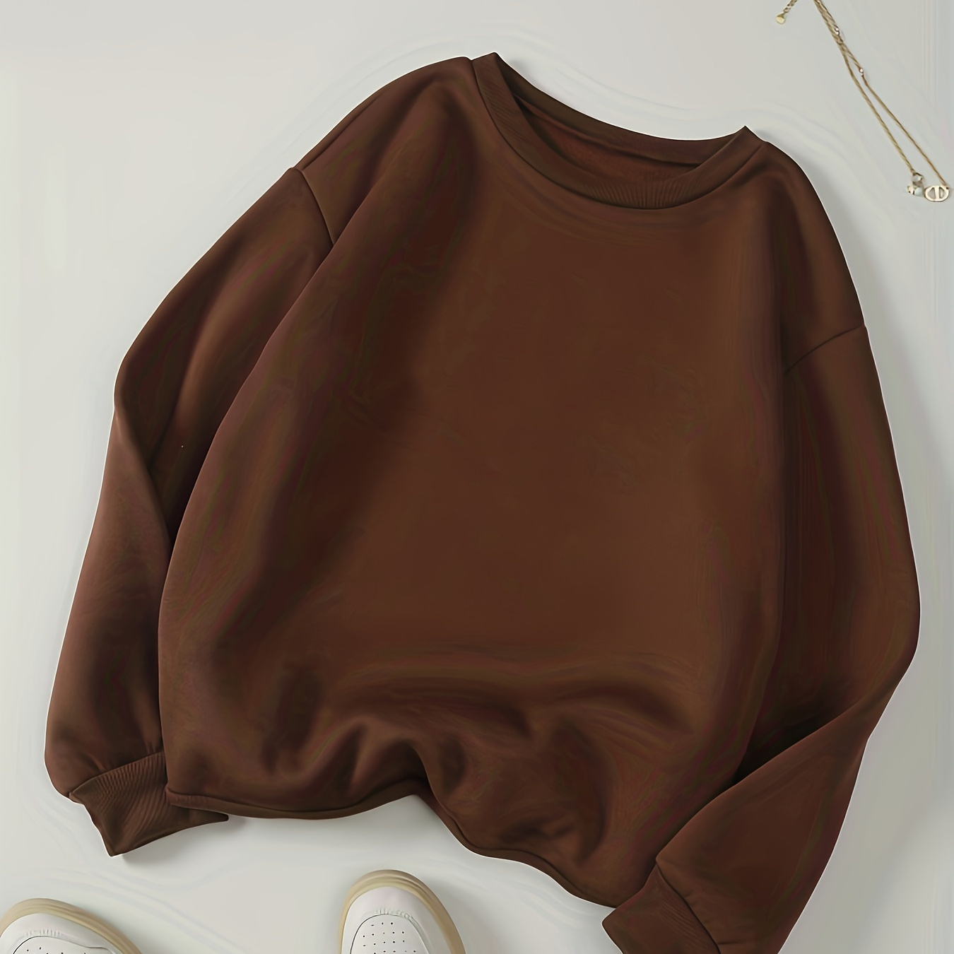 

Women' Pullover Sweatshirt, Elegant Polyester (pvc) Material, Casual Round Neck, Solid Color, Autumn/winter Season, Knitted Fabric, No Detail, In Brown