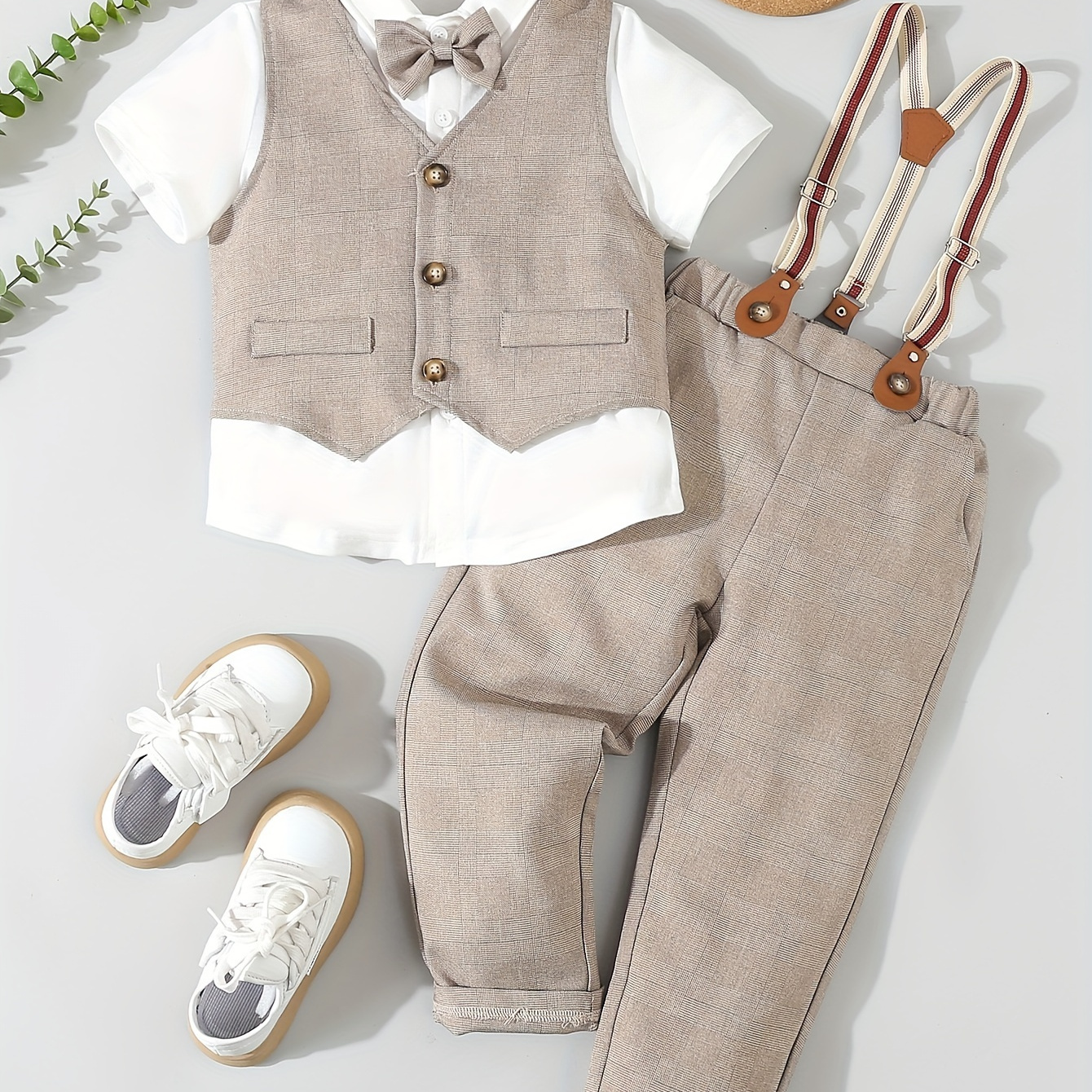 

Boys Short Sleeve Gentleman Outfit, Bowtie Shirt & Waistcoat & Suspender Pants, Boys Clothes For Speech Birthday Party