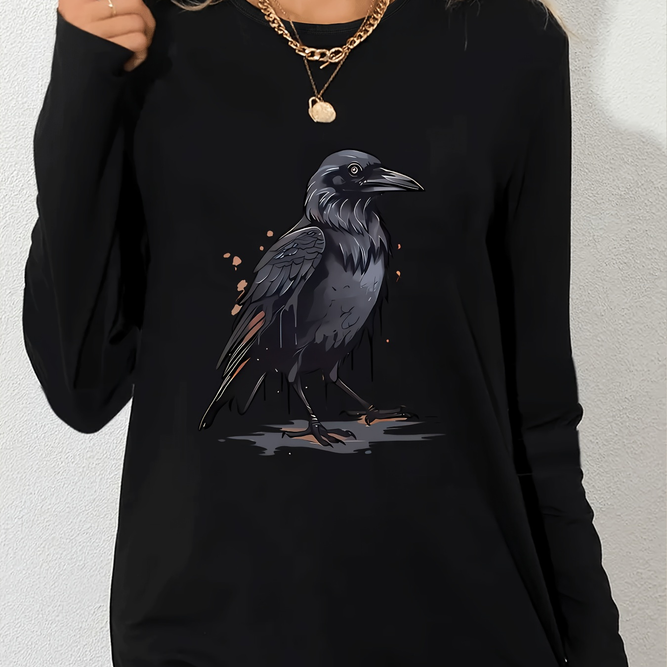 

Women's Casual Crow Graphic Print Casual Crew Neck Long Sleeve T-shirt, Women's Clothing