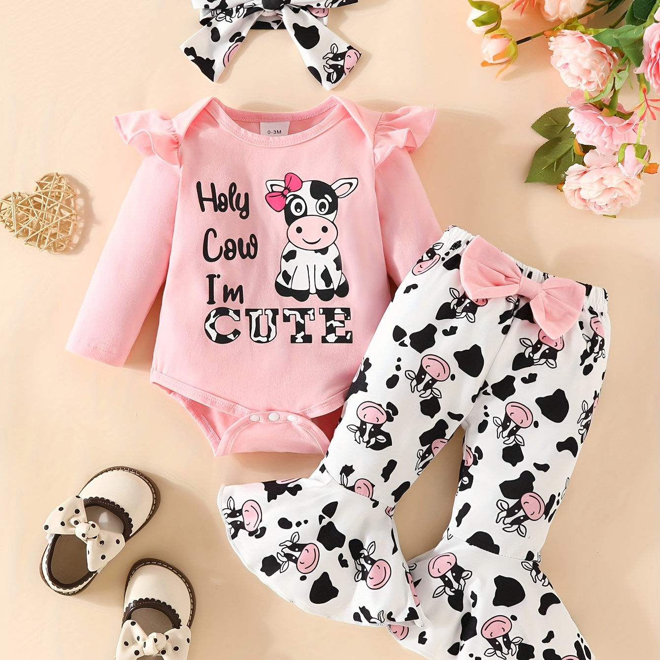 

Newborn Baby Girl Outfits, Ruffle Long Sleeve Cute Cow Ribbed Romper Pants Set Summer Baby Girl Clothes Set