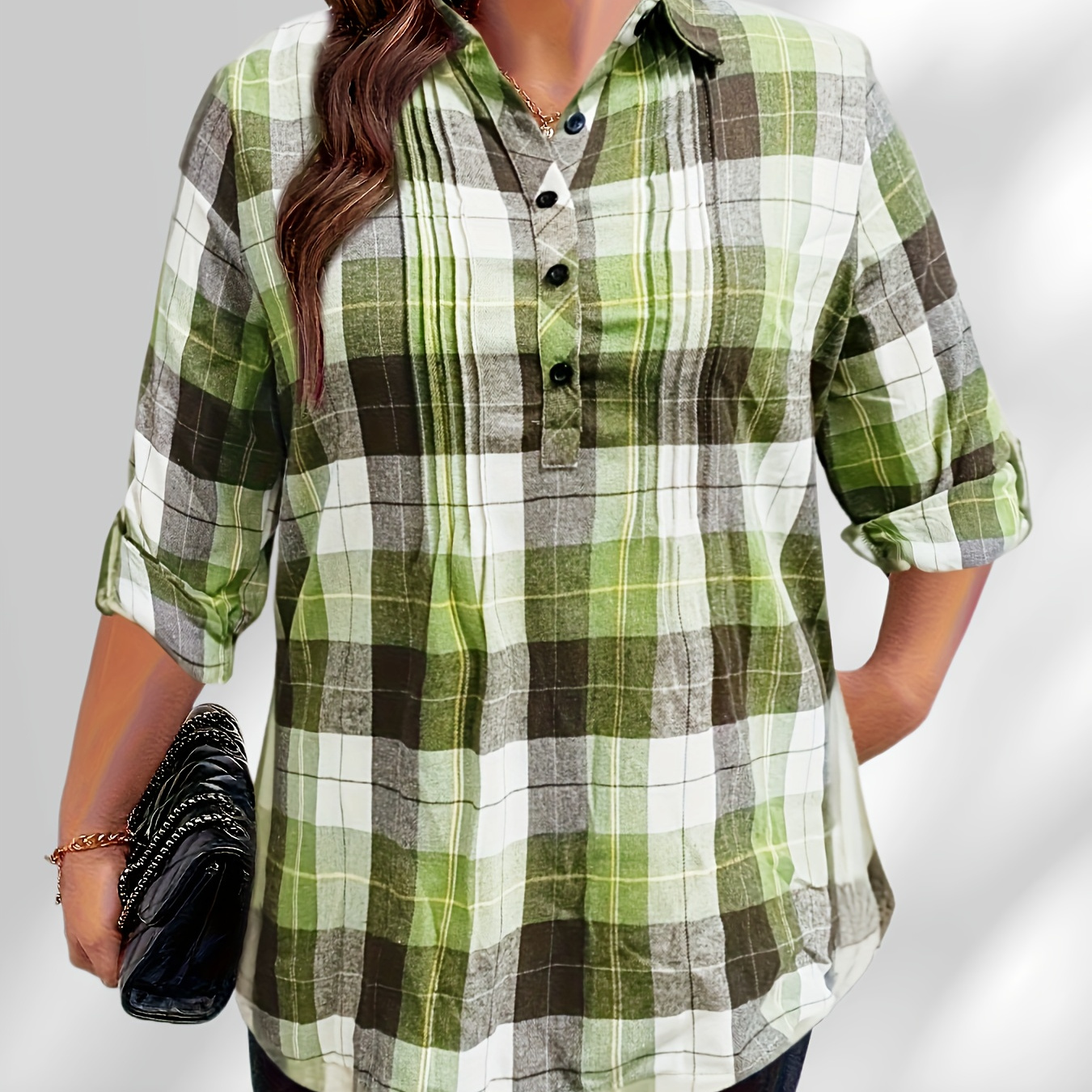 

Plus Size Casual Blouse, Women's Plus Plaid Print Long Sleeve Button Up Lapel Collar Pullover Shirt Top