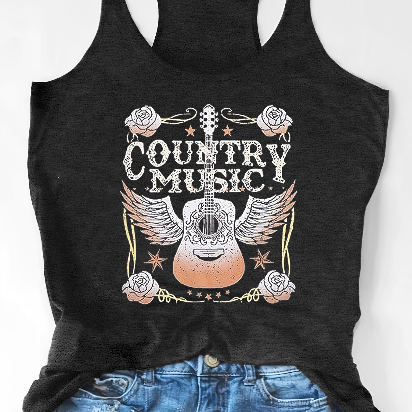 

Country Music Guitar Print Top - Casual & Stylish, Crew Neck, Sleeveless, Women', Machine Washable