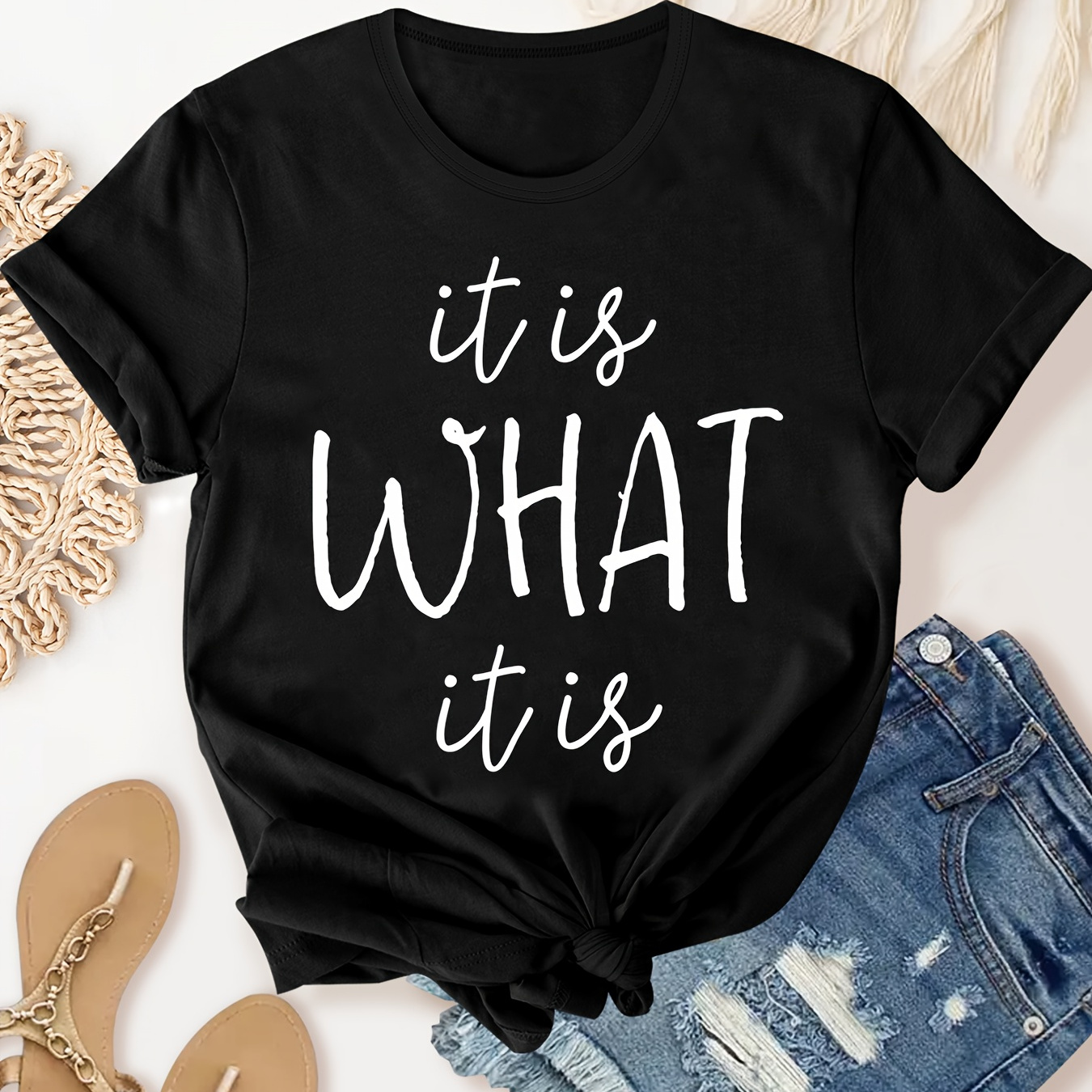 

It Is What It Is Letter Graphic Fashion Sports Tee, Short Sleeve Casual T-shirt Top, Women's Activewear