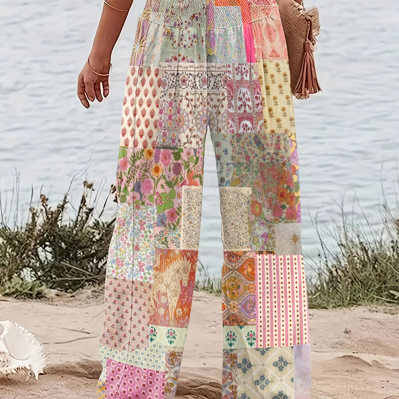 

Floral Print Shirred Waist Wide Leg Pants, Casual & Versatile High Waist Pants For Spring & Summer, Women's Clothing